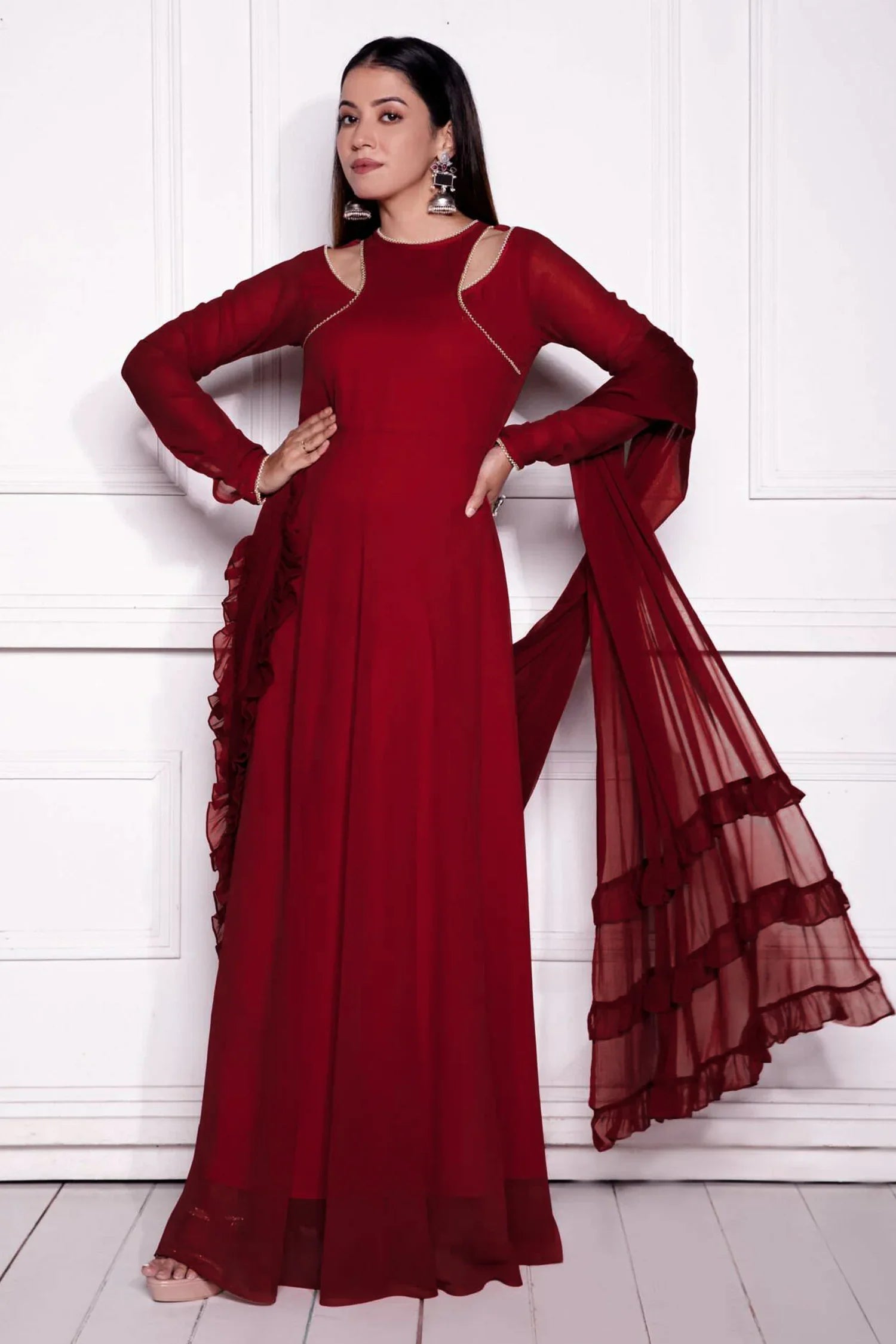Maroon Georgette Flared Long Kurti with Dupatta