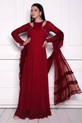 Maroon Georgette Flared Long Kurti with Dupatta