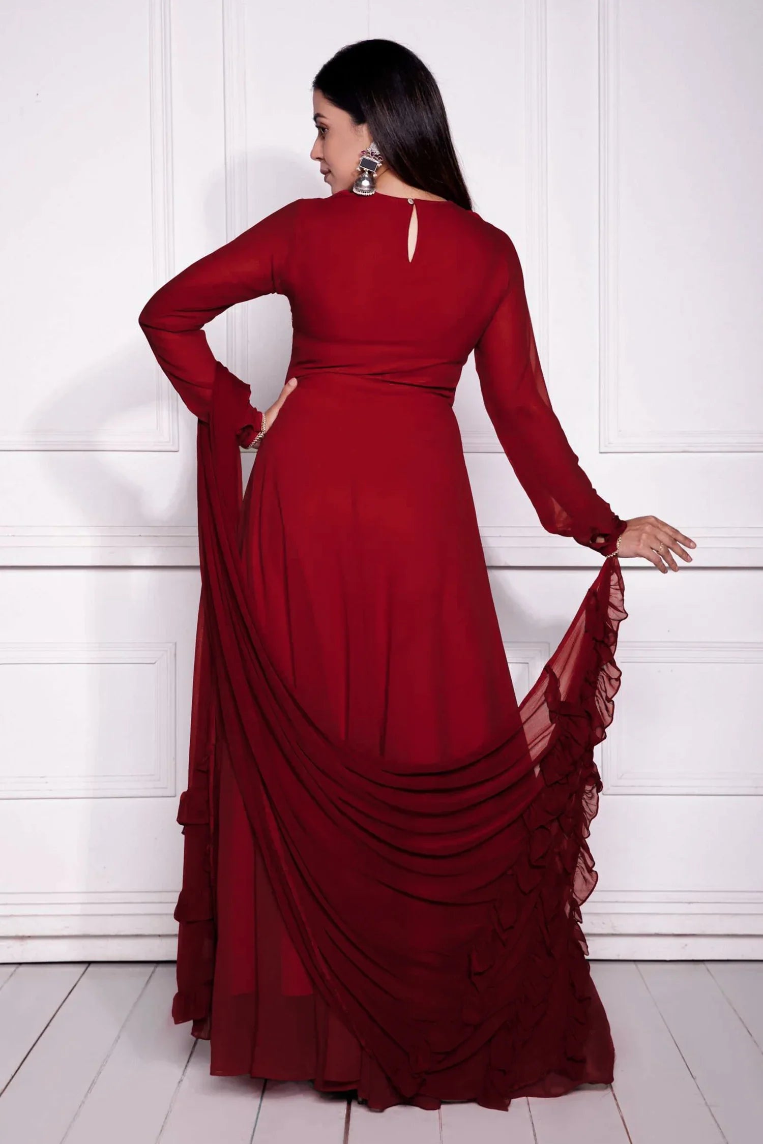 Maroon Georgette Flared Long Kurti with Dupatta