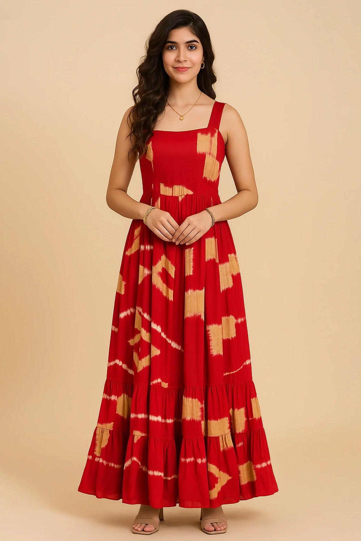 Red Rayon Printed Flared Anarkali Kurti - red rayon saree