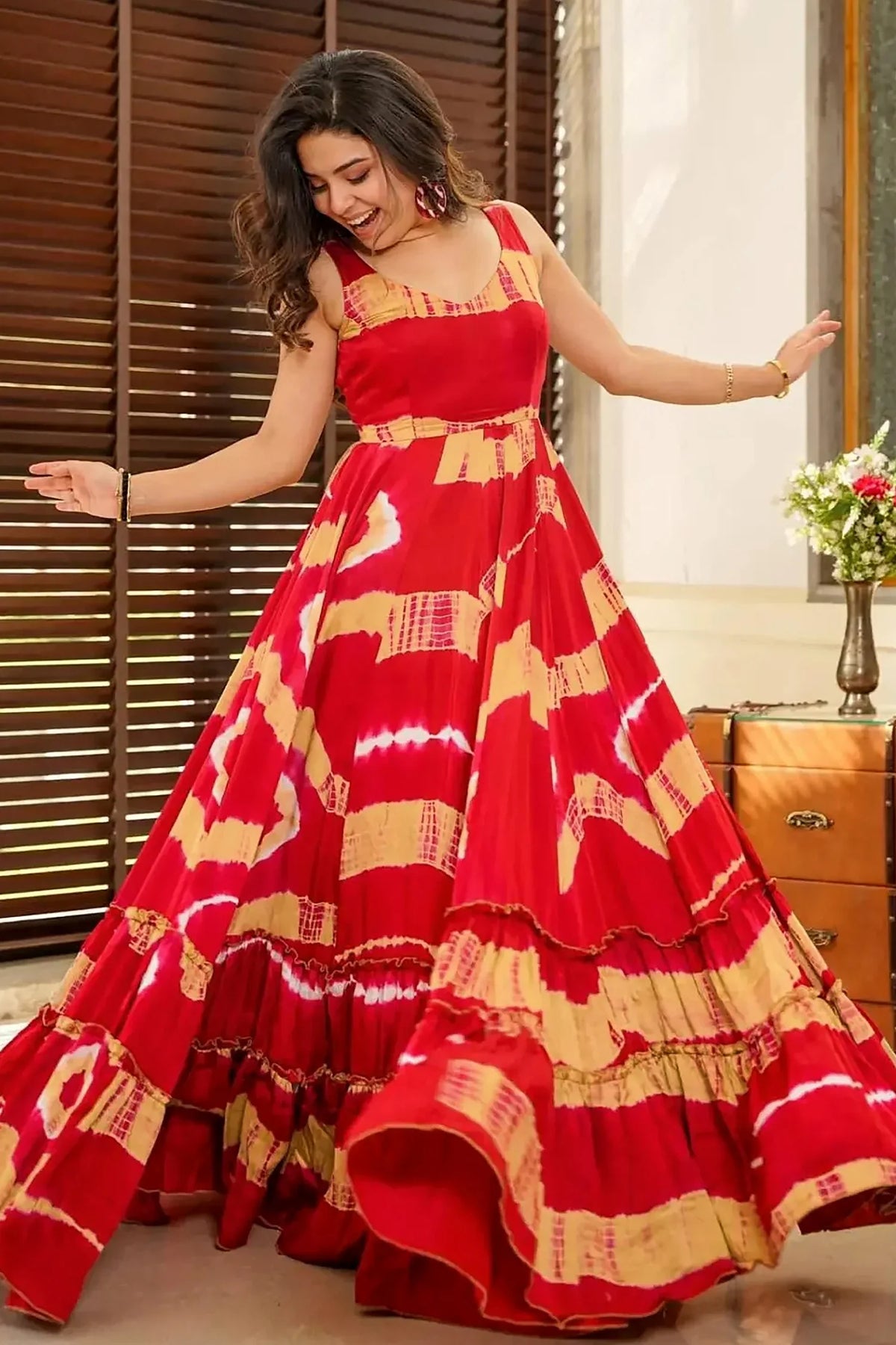 Red Rayon Printed Flared Anarkali Kurti - red rayon saree