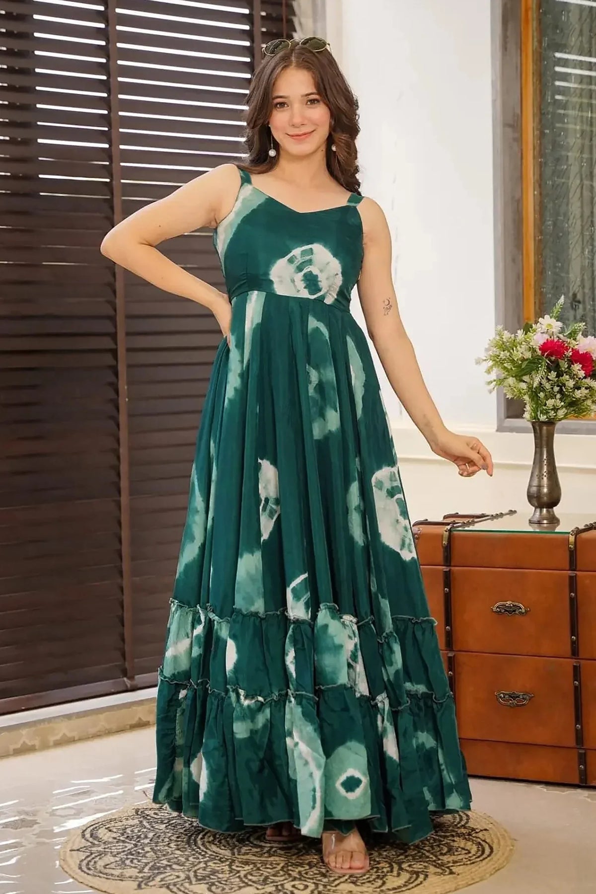 Teal Green Rayon Shibori Printed Long Flared Kurti - red rayon saree