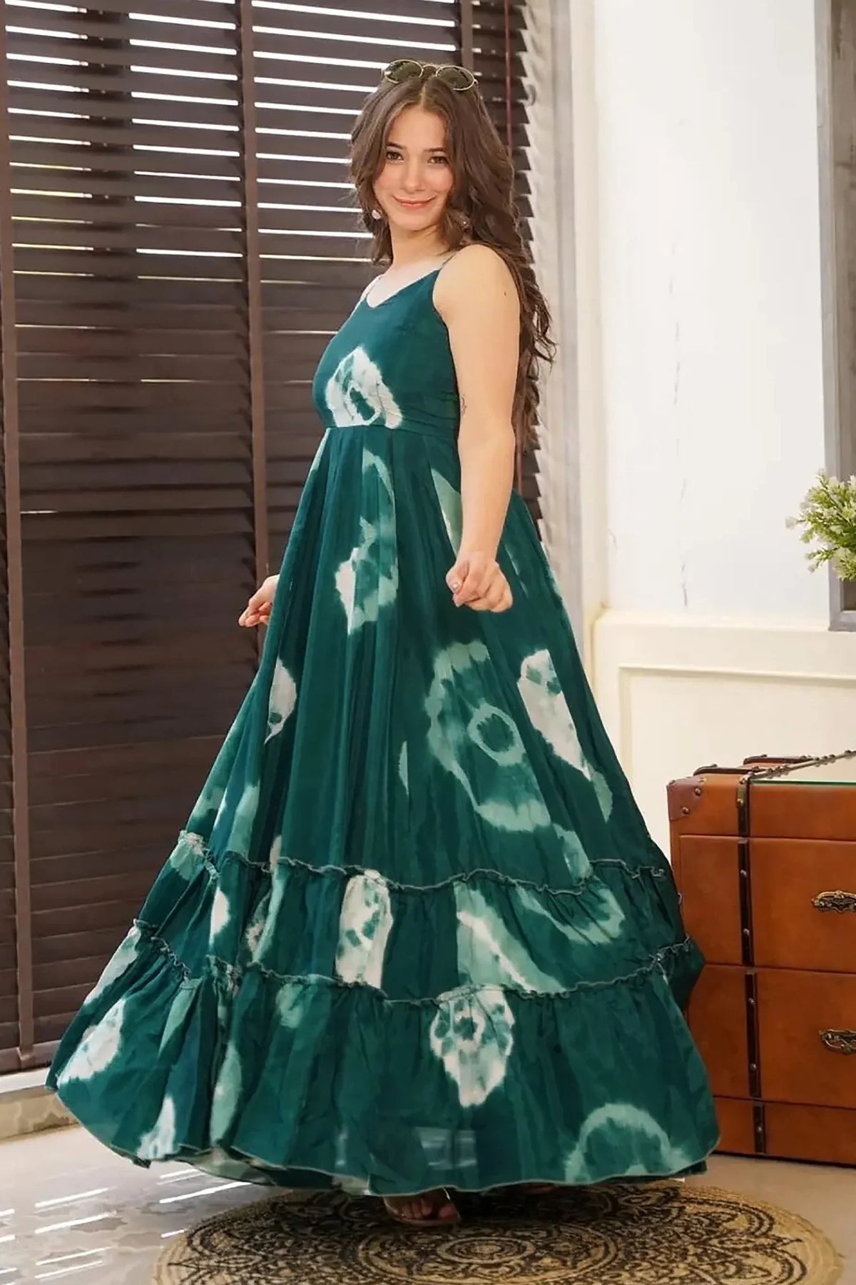 Teal Green Rayon Shibori Printed Long Flared Kurti - red rayon saree