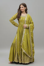 Olive Green Sequins Embroidered Chinon Sharara Set - red saree embroidered