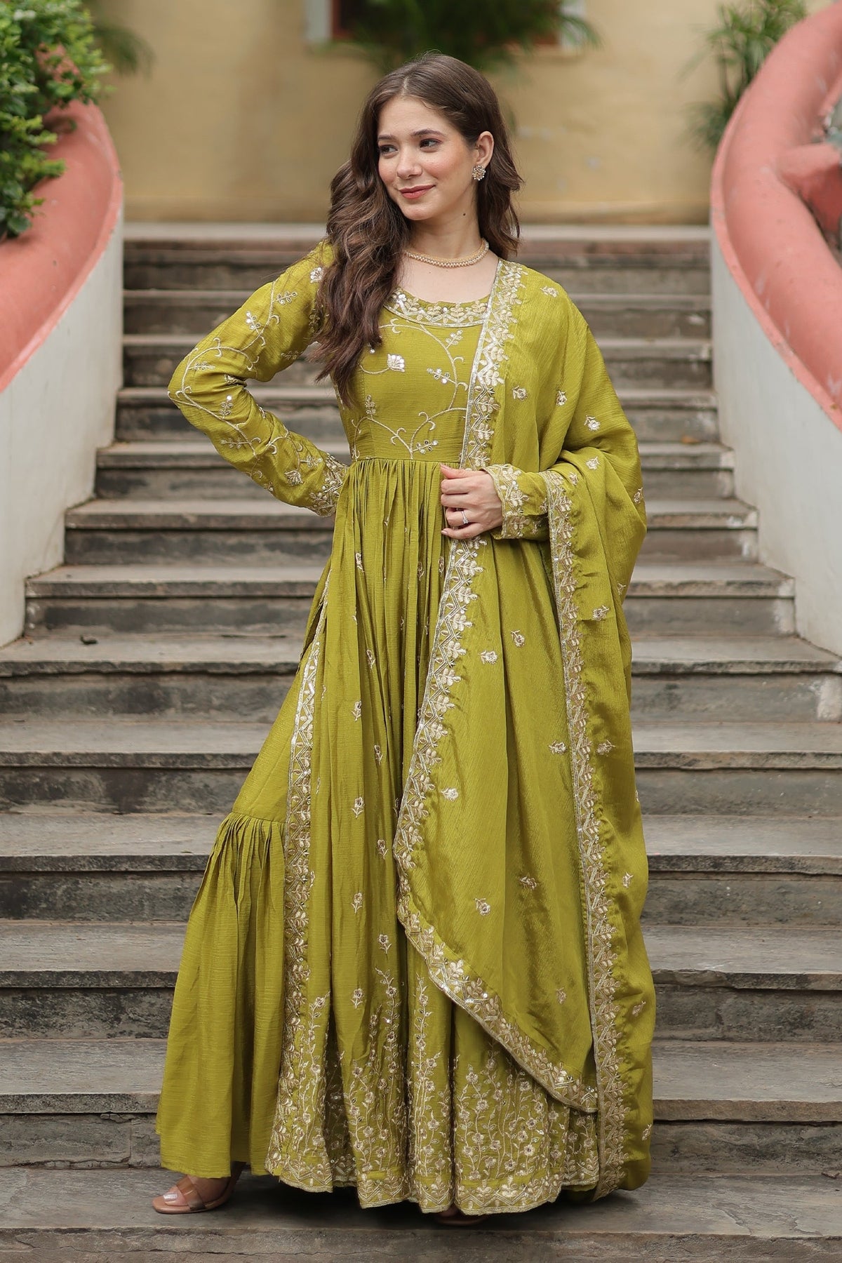 Olive Green Sequins Embroidered Chinon Sharara Set
