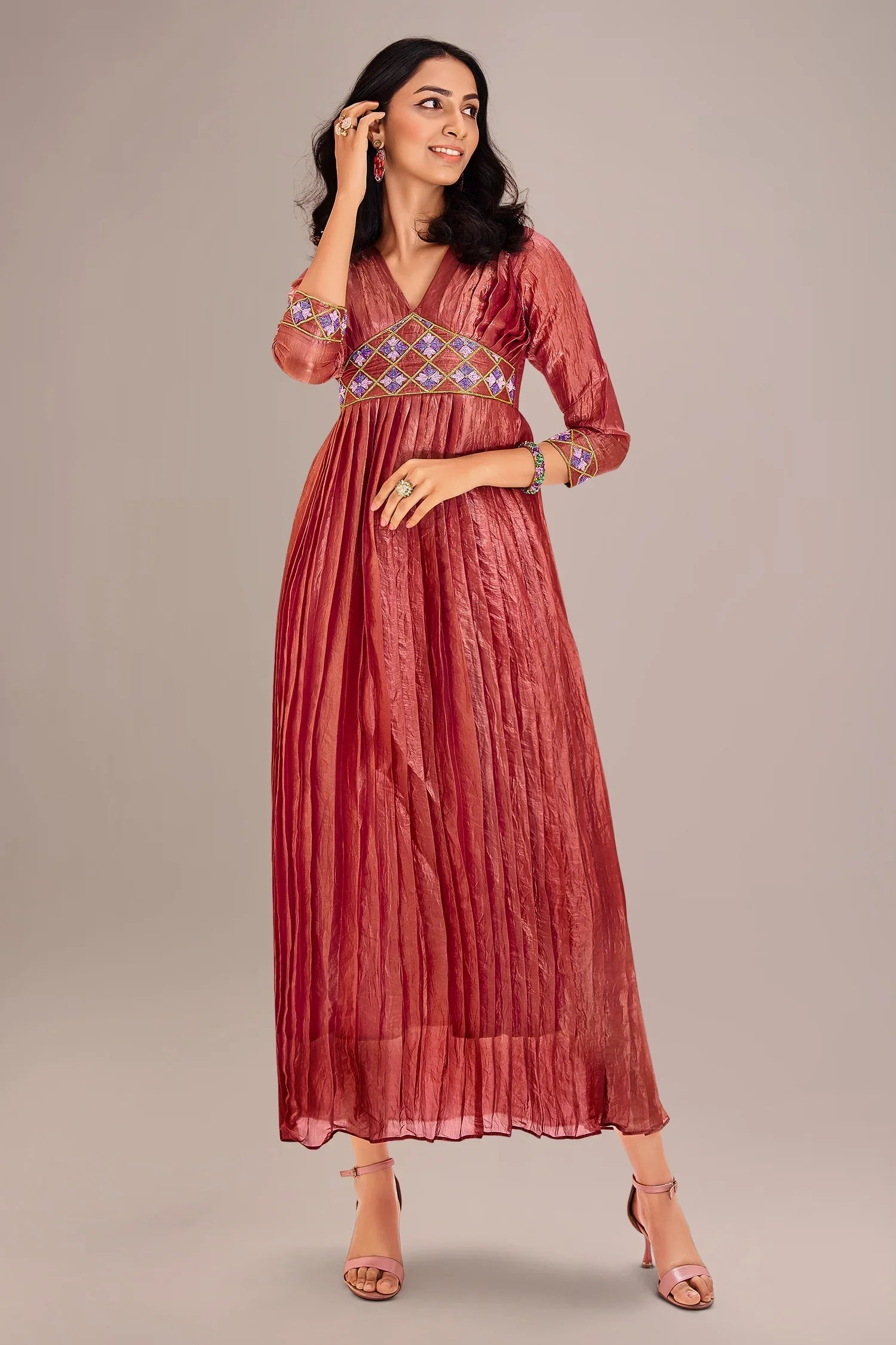 Coral Pink Organza Cutdana Worked Pleated V Neck Anarkali Kurti - coral organza saree Main image