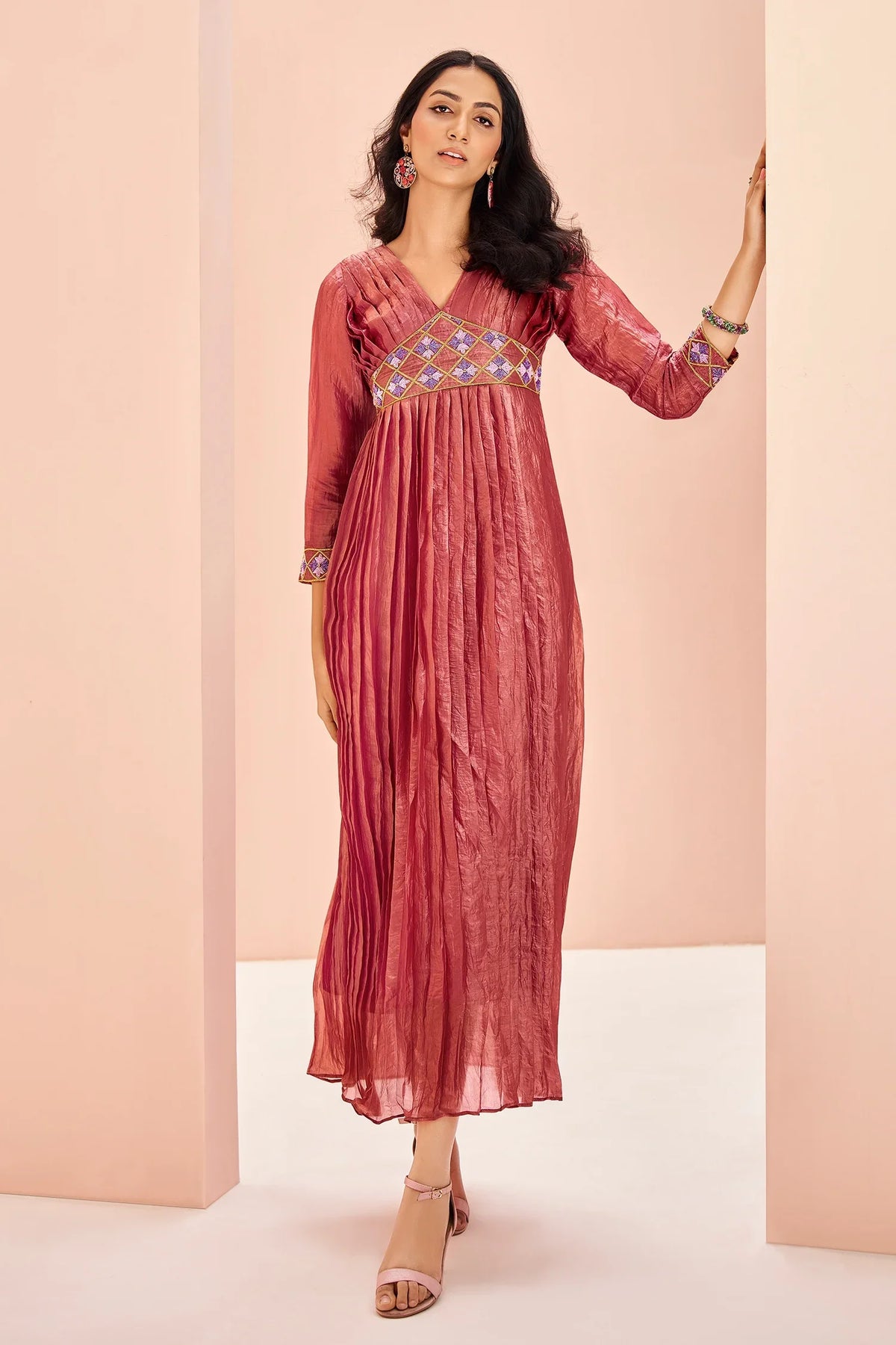 Coral Pink Organza Cutdana Worked Pleated V Neck Anarkali Kurti - coral organza saree