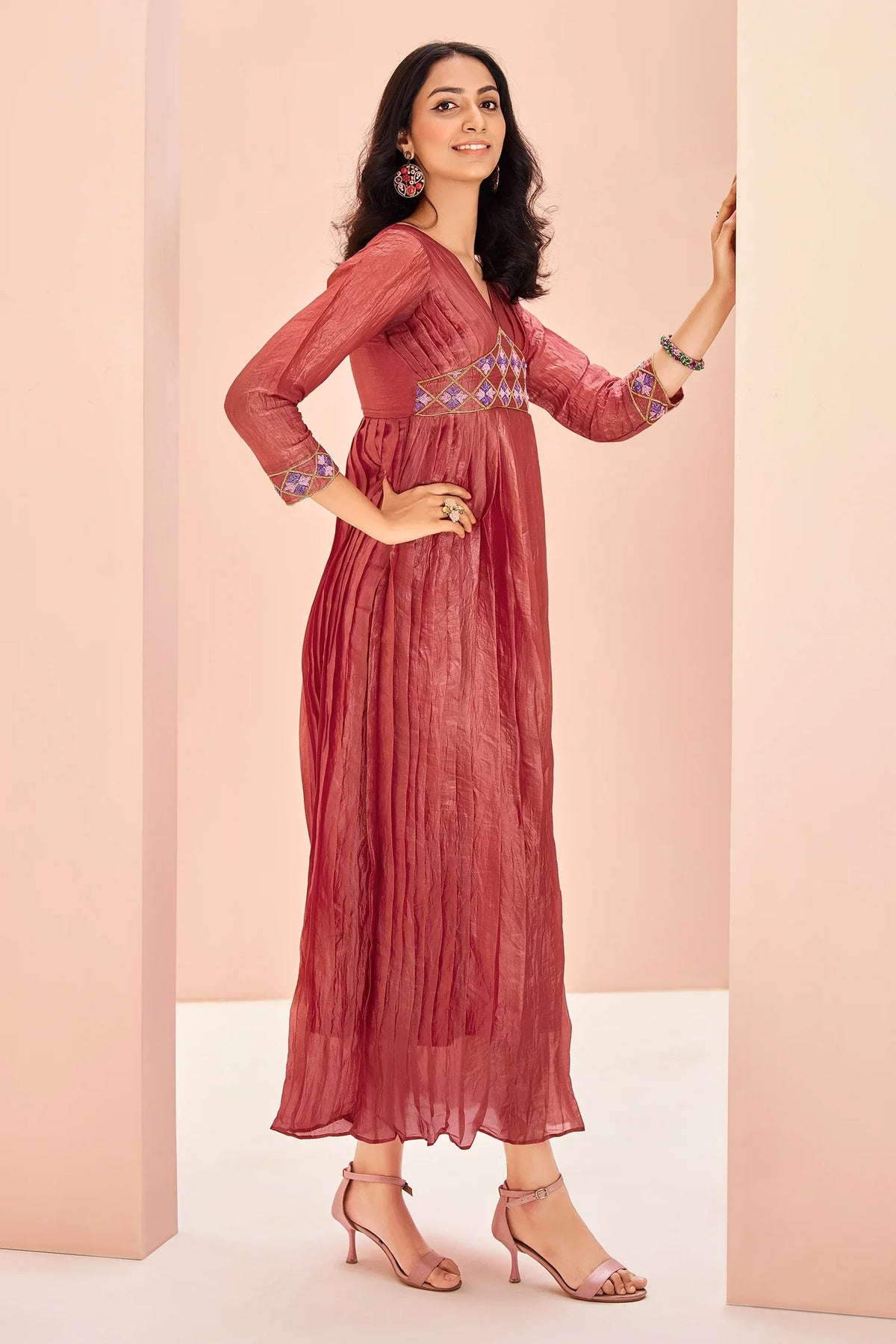 Coral Pink Organza Cutdana Worked Pleated V Neck Anarkali Kurti - coral organza saree