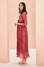 Coral Pink Organza Cutdana Worked Pleated V Neck Anarkali Kurti - coral organza saree