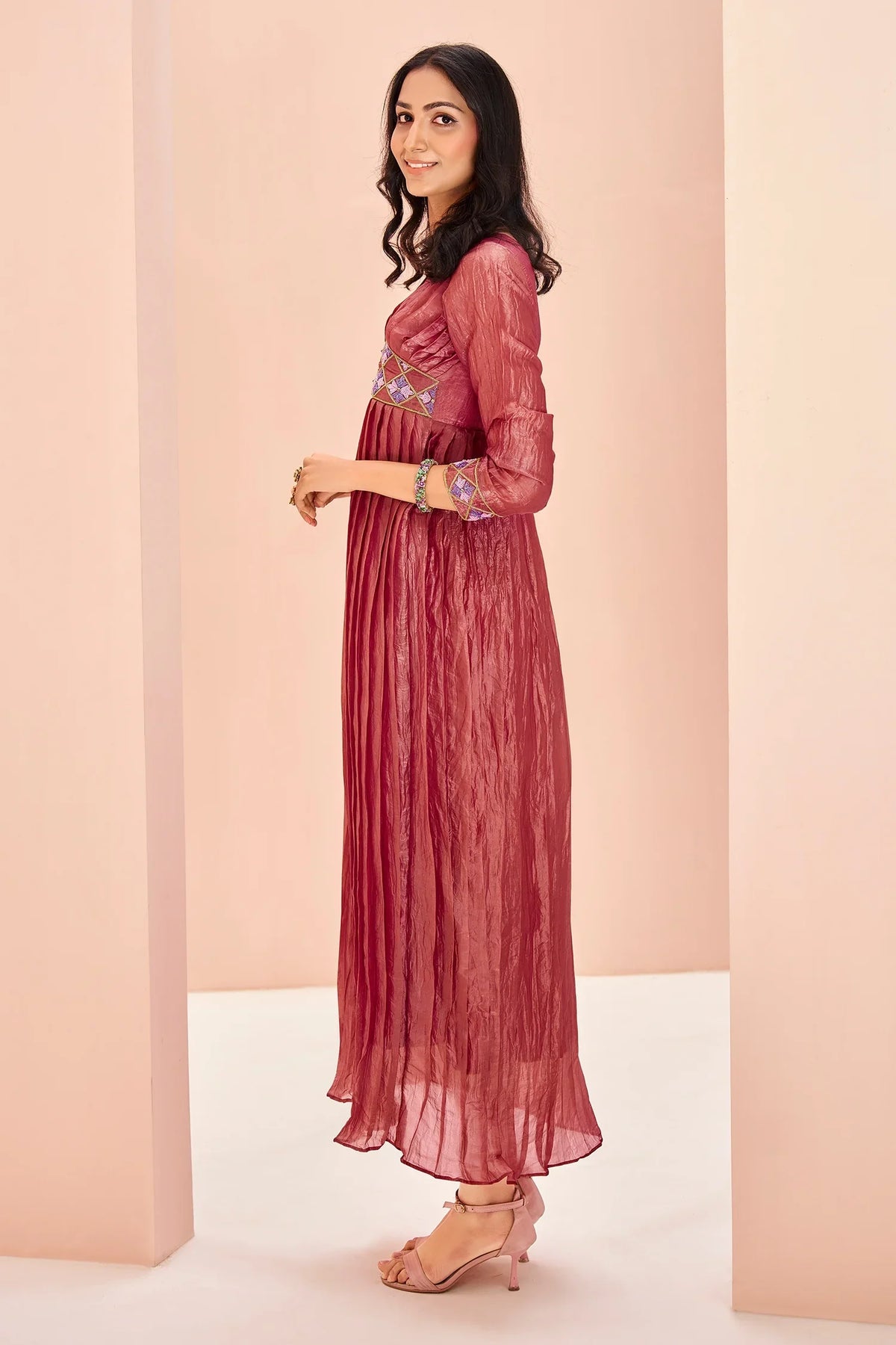 Coral Pink Organza Cutdana Worked Pleated V Neck Anarkali Kurti - coral organza saree