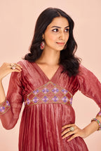 Coral Pink Organza Cutdana Worked Pleated V Neck Anarkali Kurti - coral organza saree