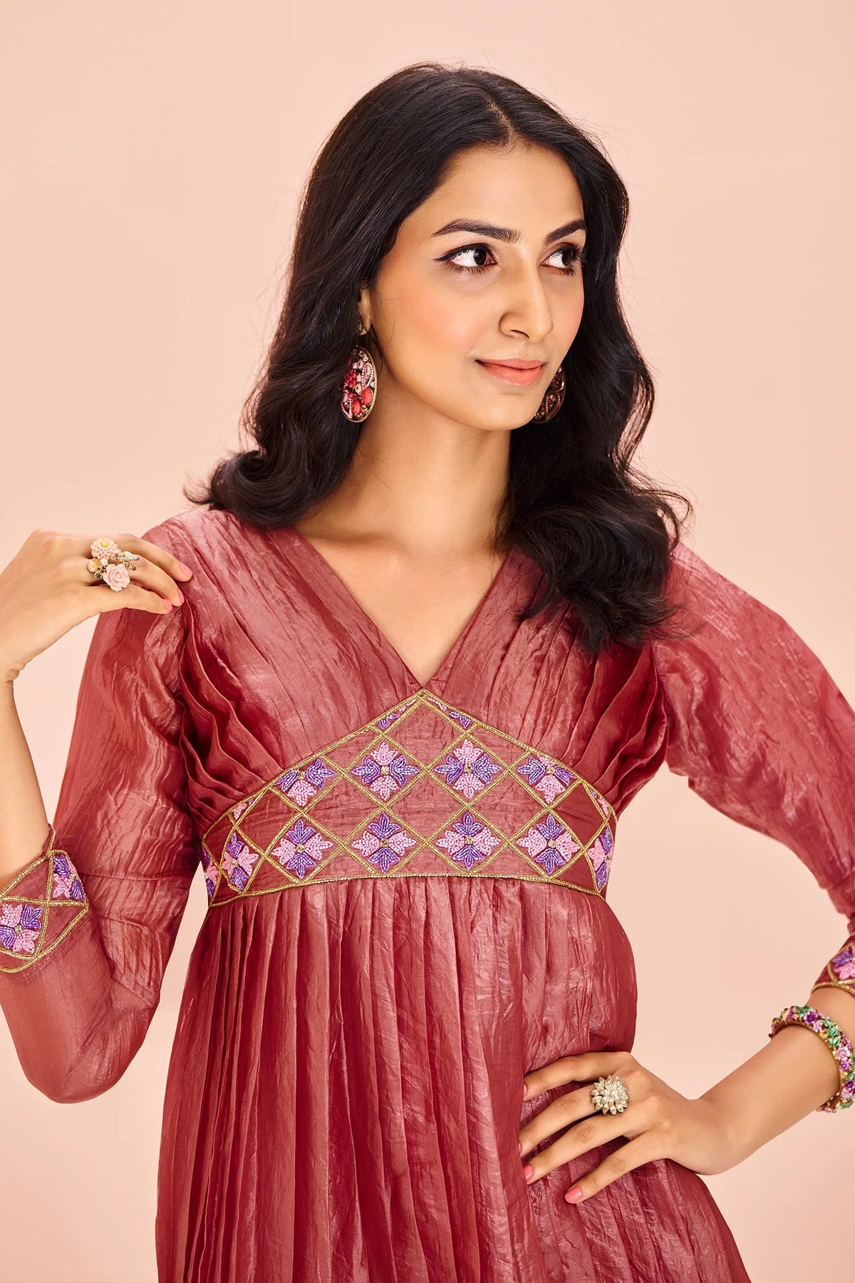 Coral Pink Organza Cutdana Worked Pleated V Neck Anarkali Kurti - coral organza saree