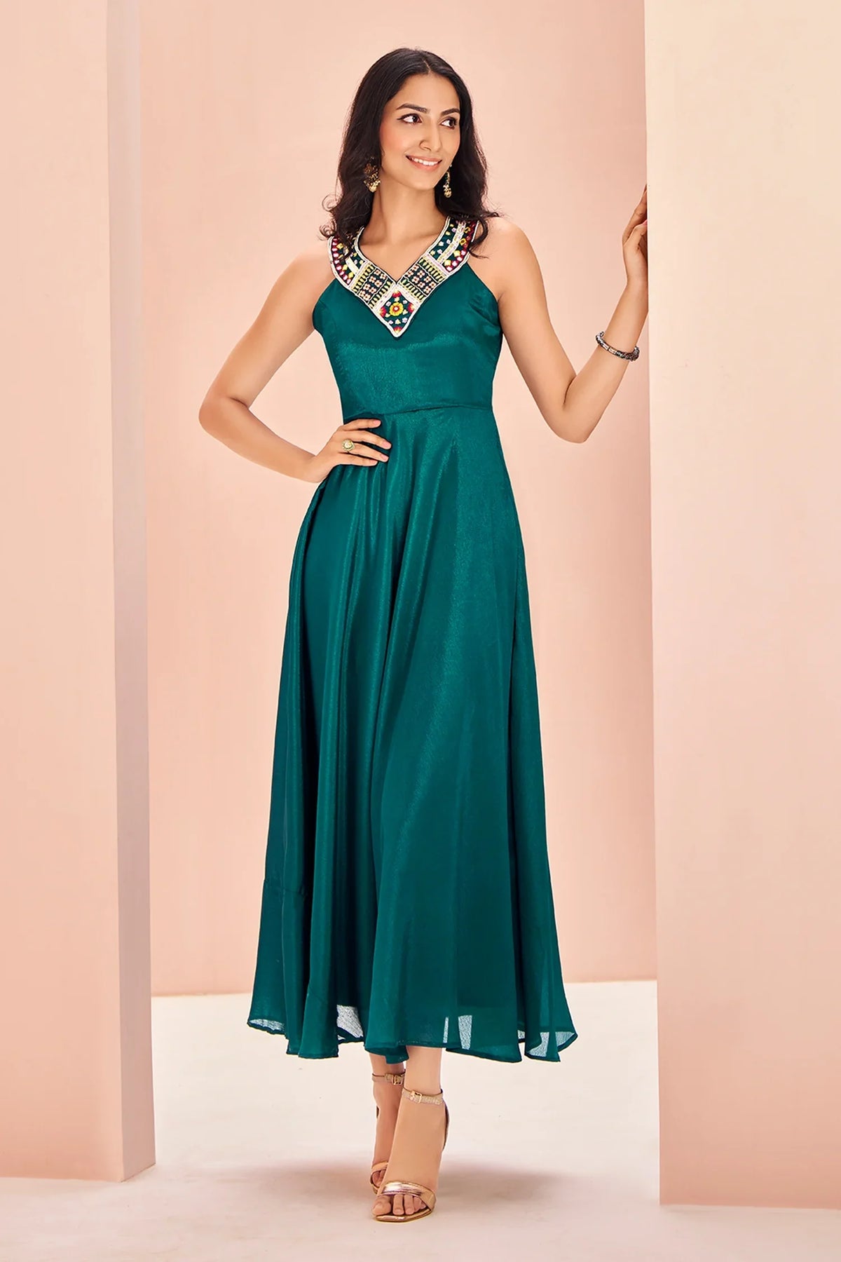 Teal Green Chinon Fancy Kurti with Bead Worked Neckline - green saree