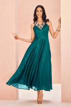 Teal Green Chinon Fancy Kurti with Bead Worked Neckline - green saree