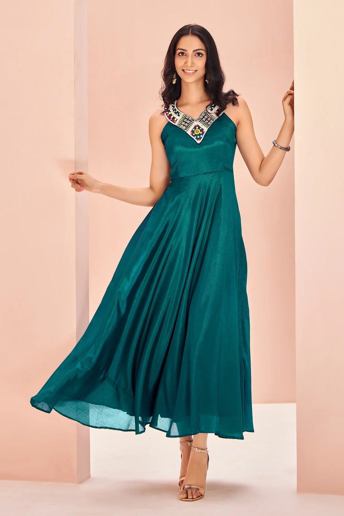 Teal Green Chinon Fancy Kurti with Bead Worked Neckline - green saree