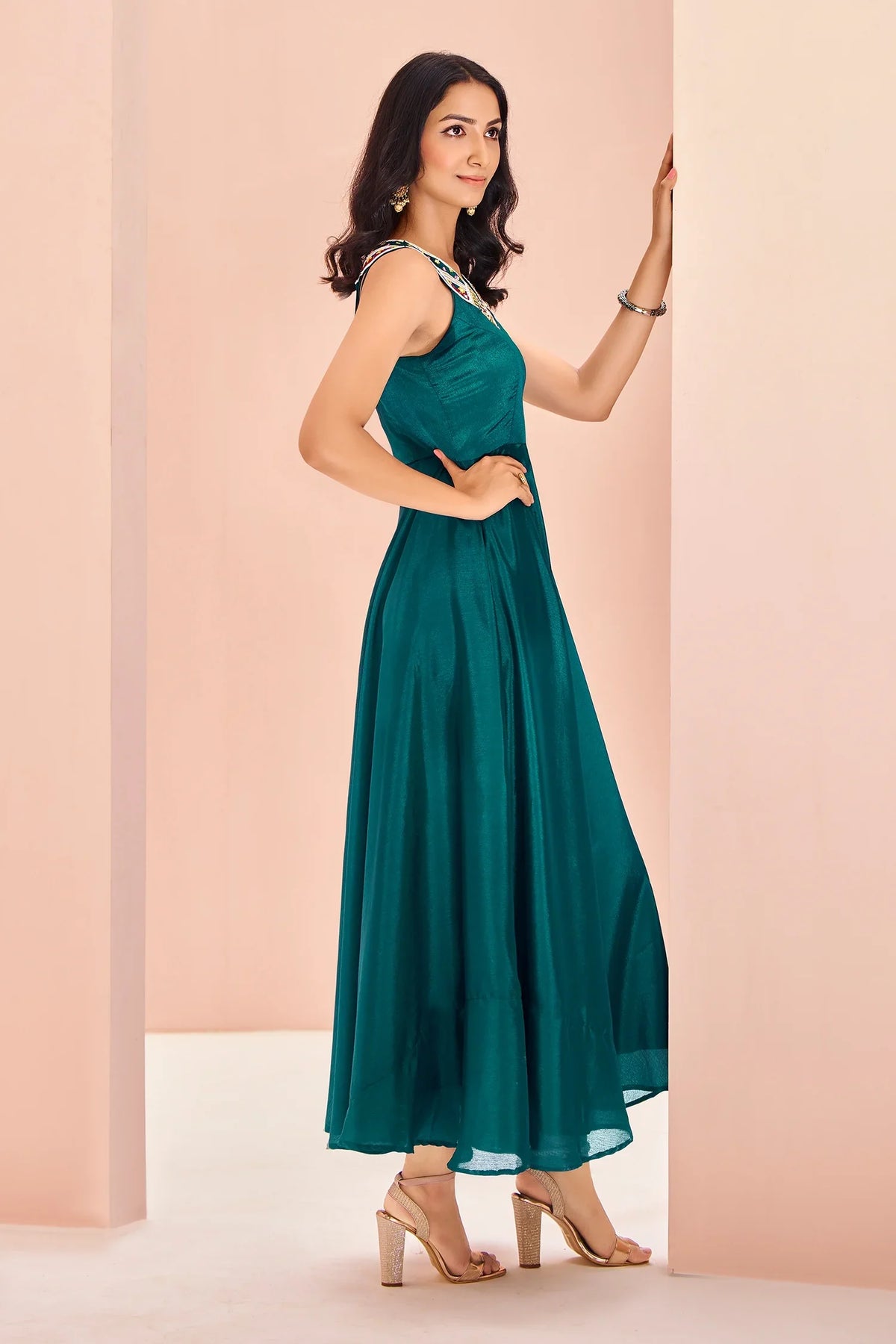 Teal Green Chinon Fancy Kurti with Bead Worked Neckline - green saree