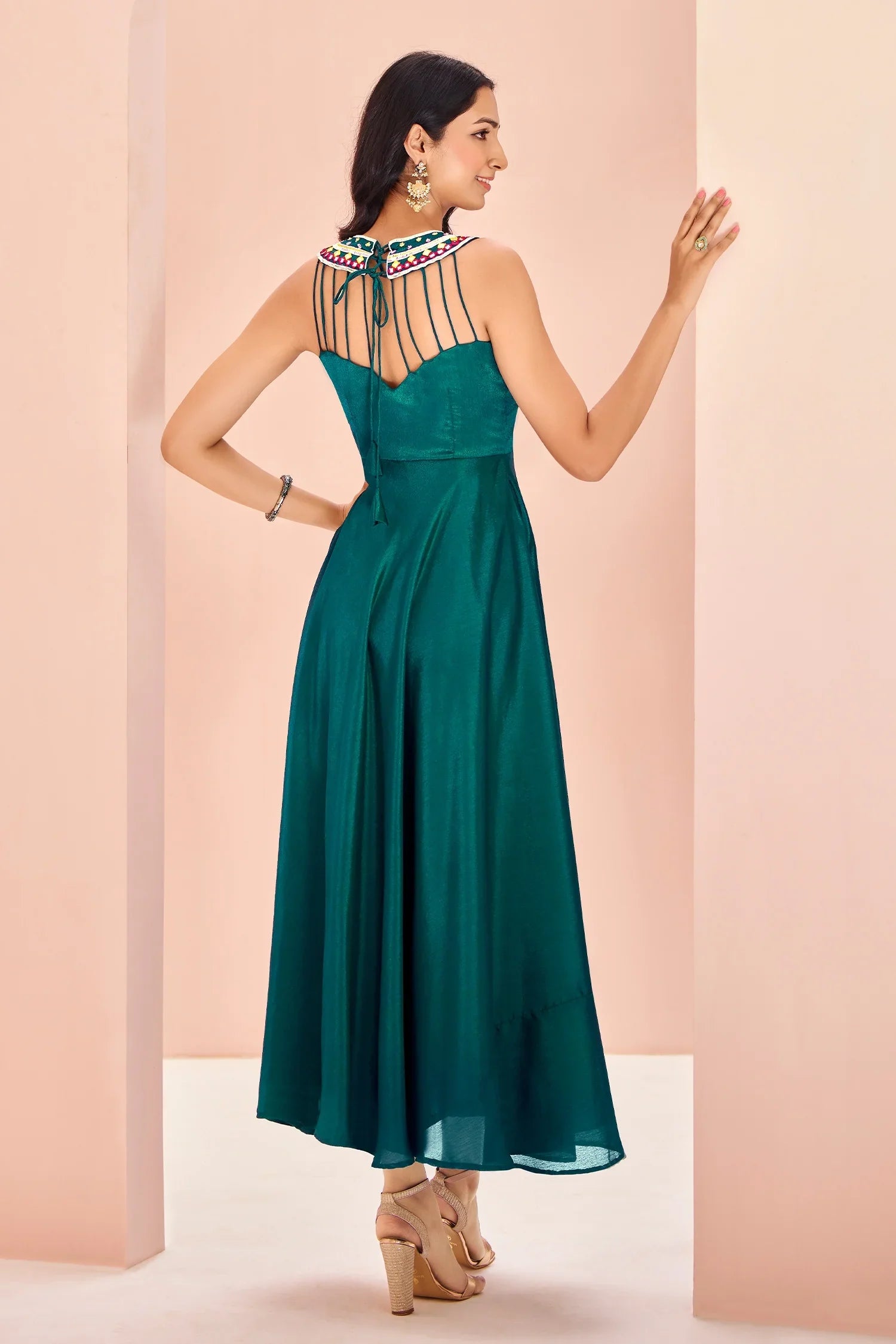 Teal Green Chinon Fancy Kurti with Bead Worked Neckline