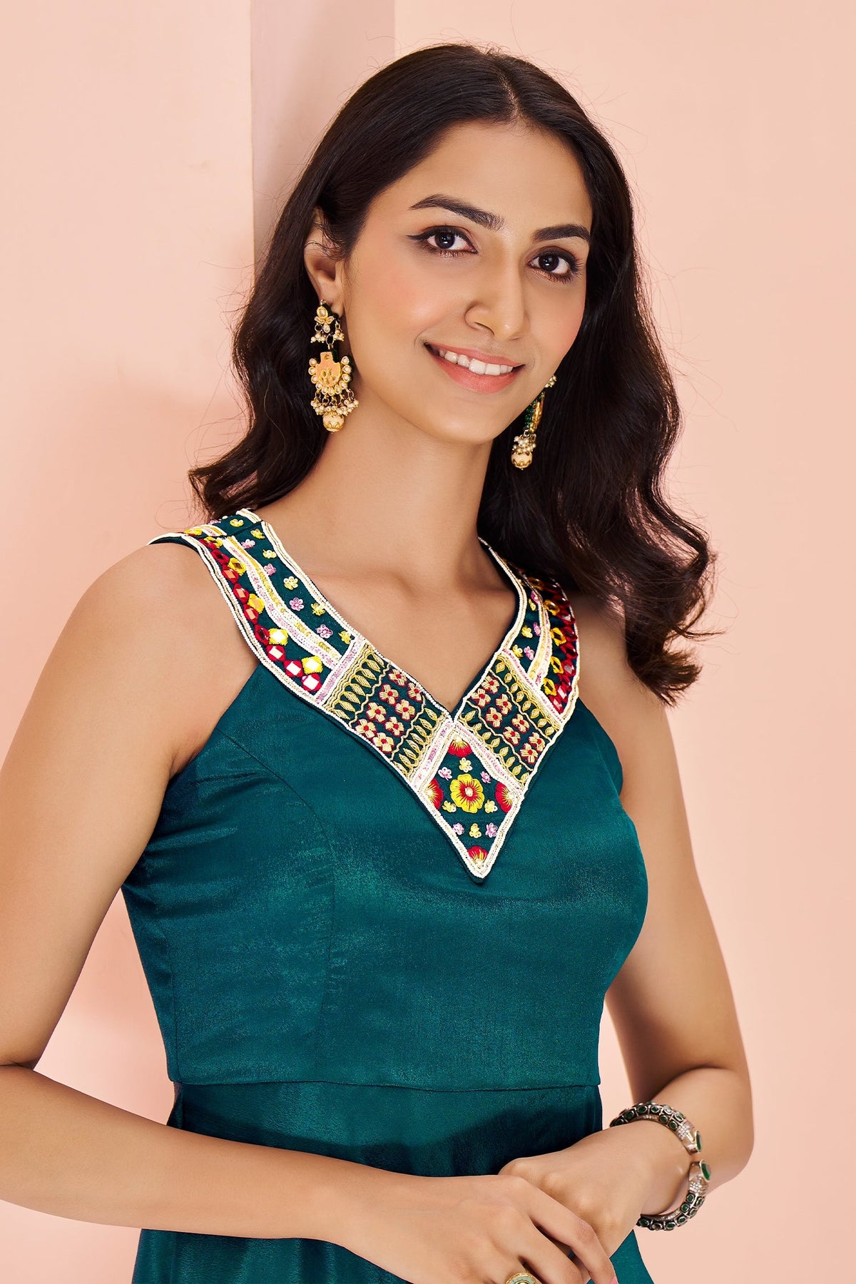 Teal Green Chinon Fancy Kurti with Bead Worked Neckline - green saree