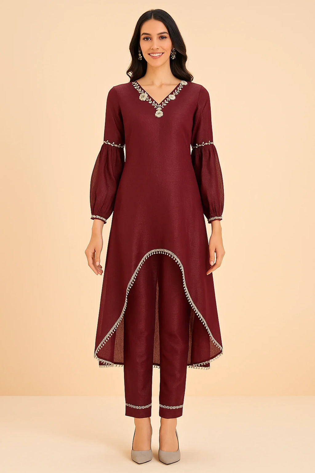 Maroon Organza Cutdana and Bead Worked C Cut Kurti with Pant - maroon organza saree