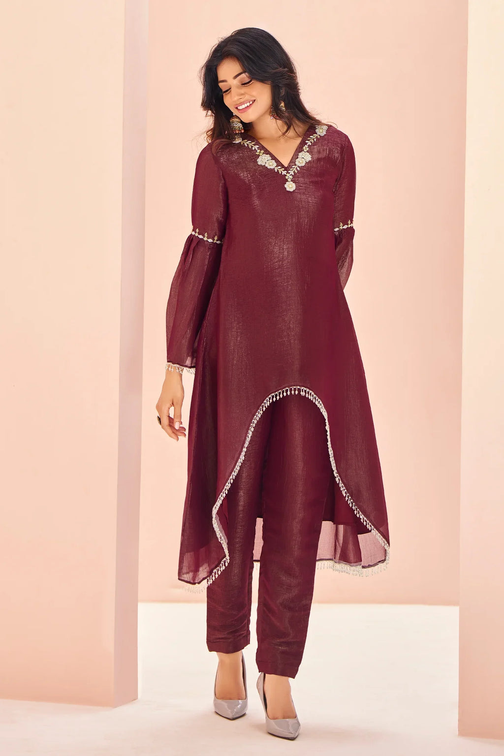 Maroon Organza Cutdana and Bead Worked C Cut Kurti with Pant - maroon organza saree