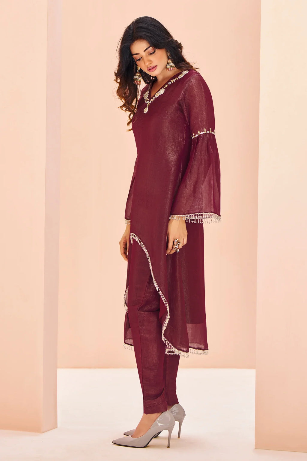 Maroon Organza Cutdana and Bead Worked C Cut Kurti with Pant - maroon organza saree