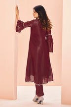 Maroon Organza Cutdana and Bead Worked C Cut Kurti with Pant - maroon organza saree