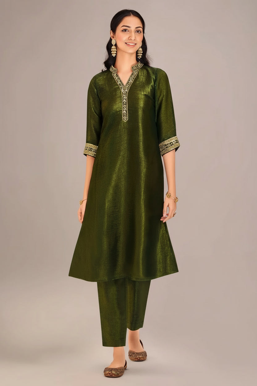 Olive Green Organza Kurti with Pant - green organza saree Main image