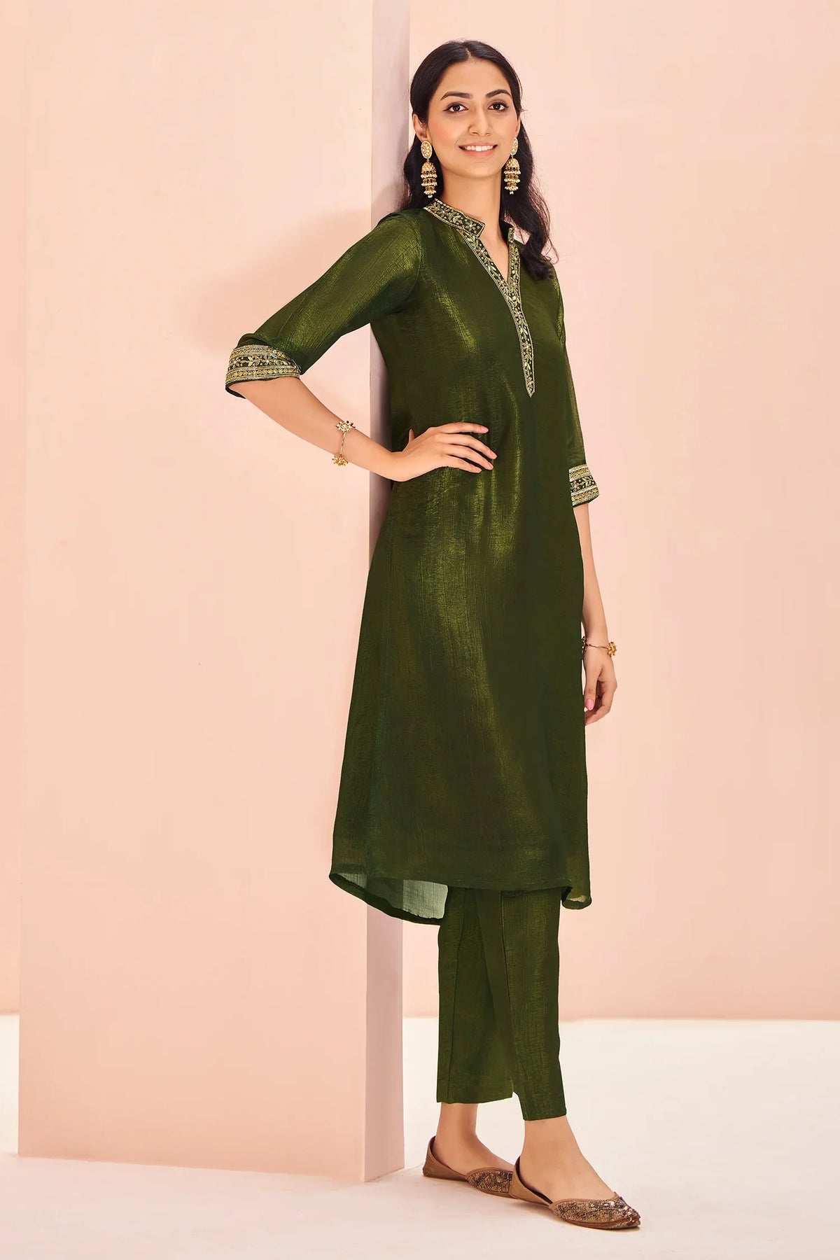 Olive Green Organza Kurti with Pant - green organza saree