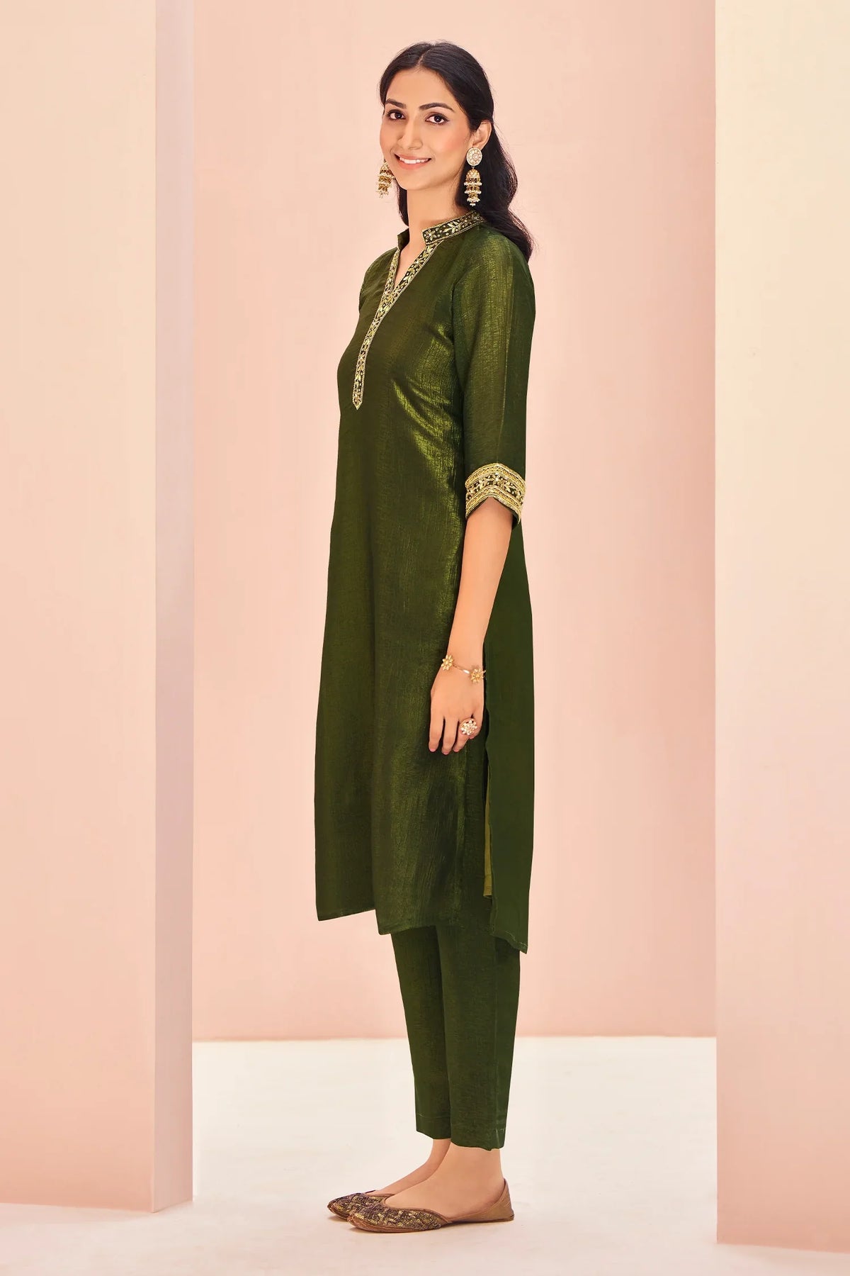 Olive Green Organza Kurti with Pant - green organza saree