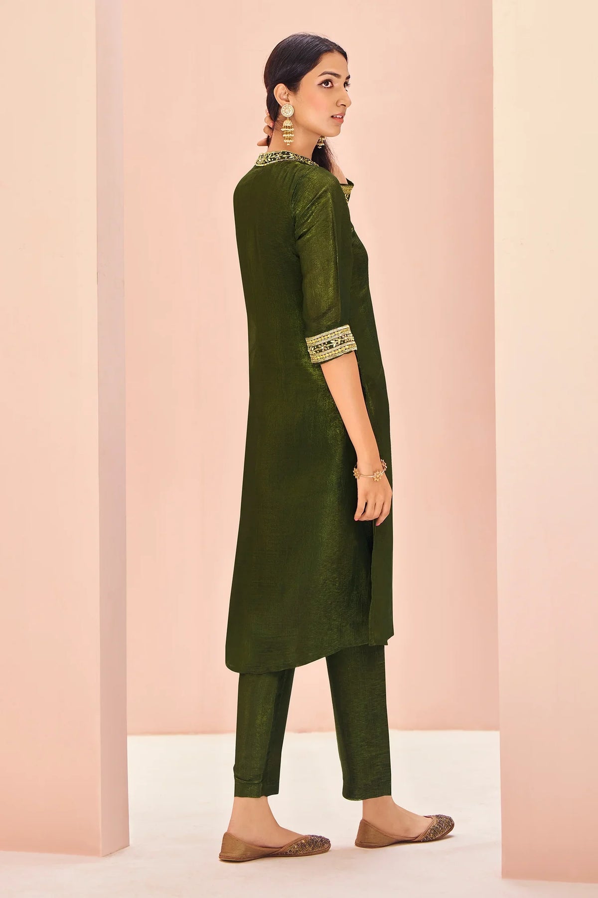 Olive Green Organza Kurti with Pant - green organza saree