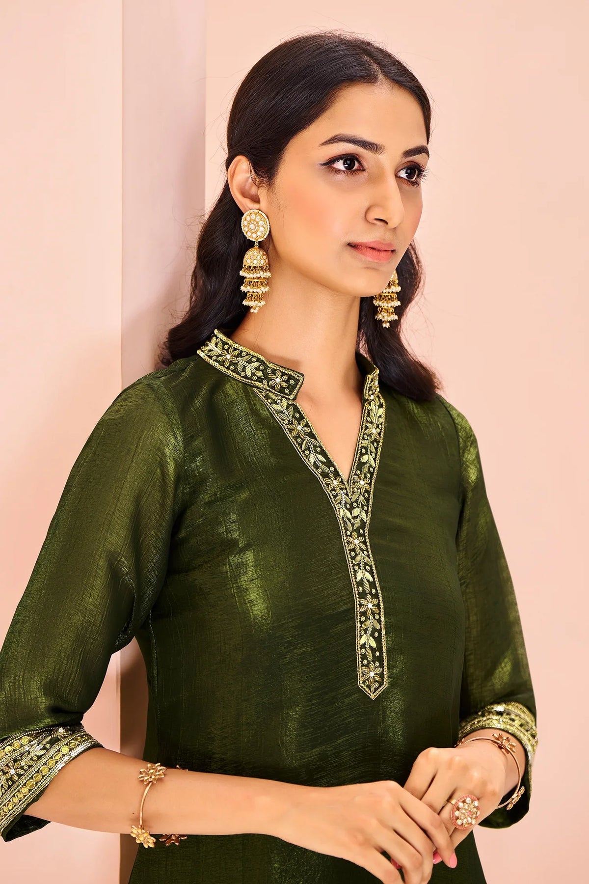 Olive Green Organza Kurti with Pant - green organza saree