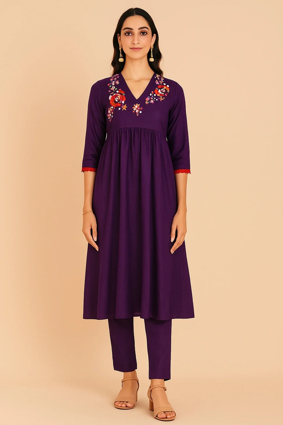 Purple Chinon V Neck Floral Motifs Kurti with Pant - purple saree
