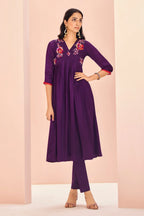 Purple Chinon V Neck Floral Motifs Kurti with Pant - purple saree