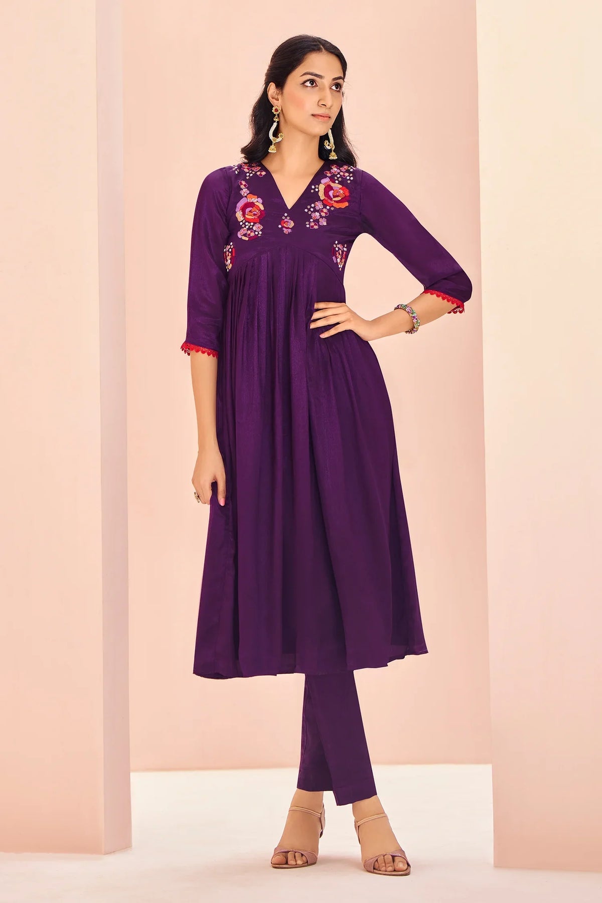 Purple Chinon V Neck Floral Motifs Kurti with Pant - purple saree
