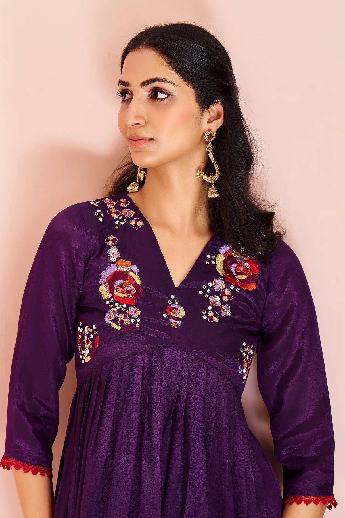 Purple Chinon V Neck Floral Motifs Kurti with Pant - purple saree