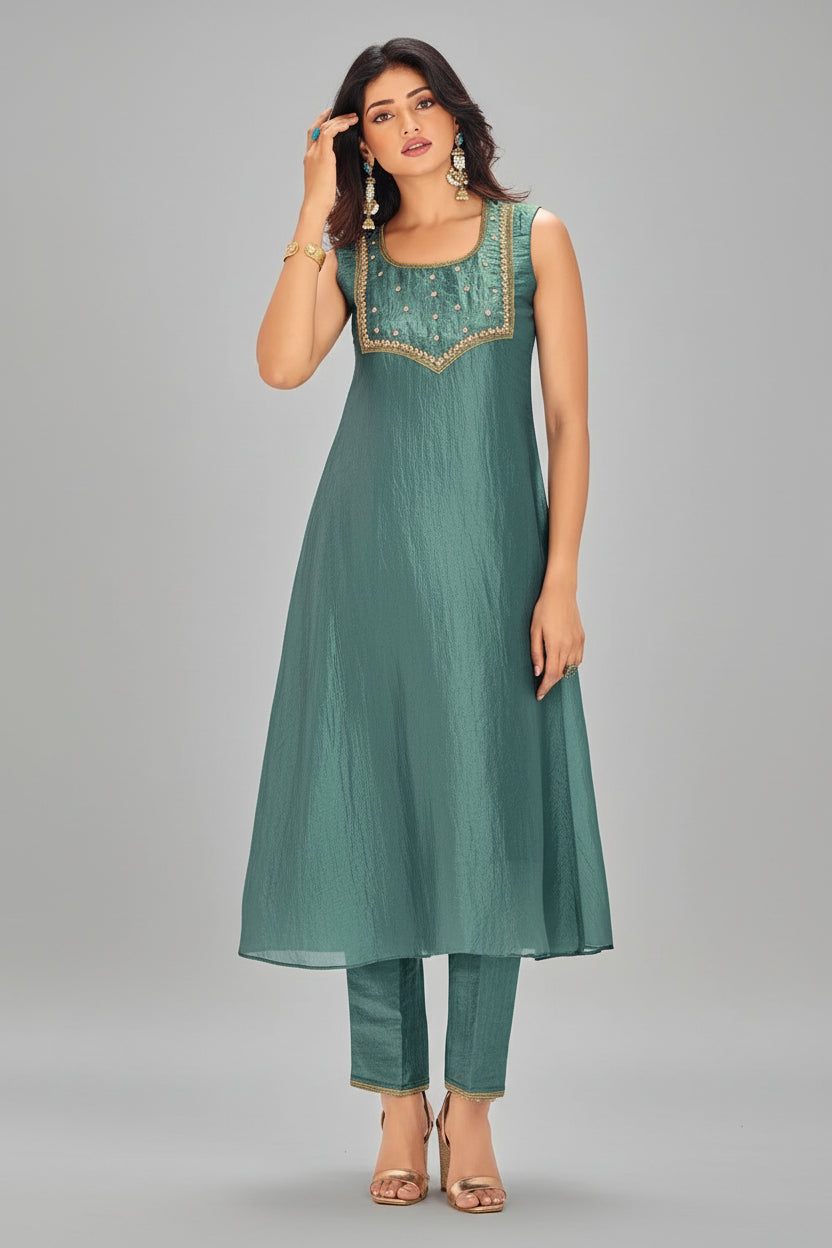 Aqua Blue Organza Kurti with Pant
