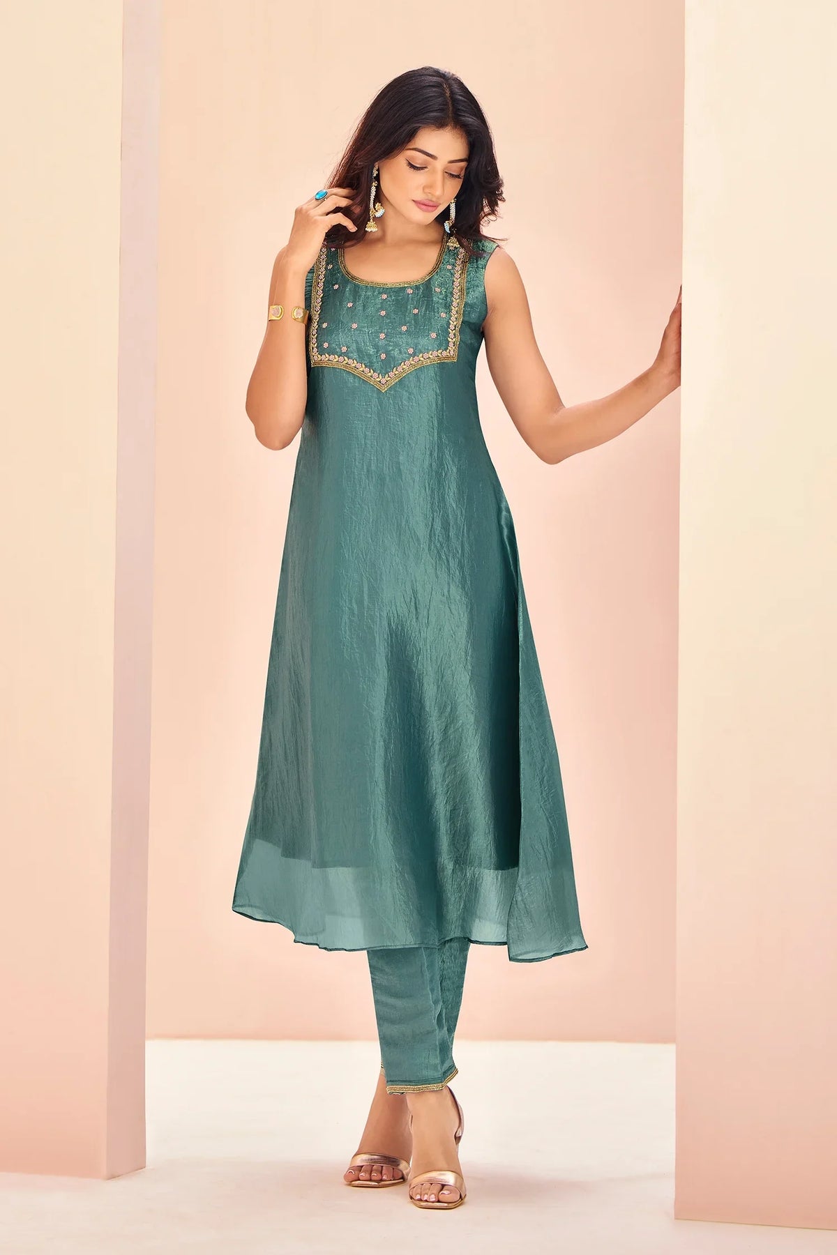 Aqua Blue Organza Kurti with Pant - blue organza saree