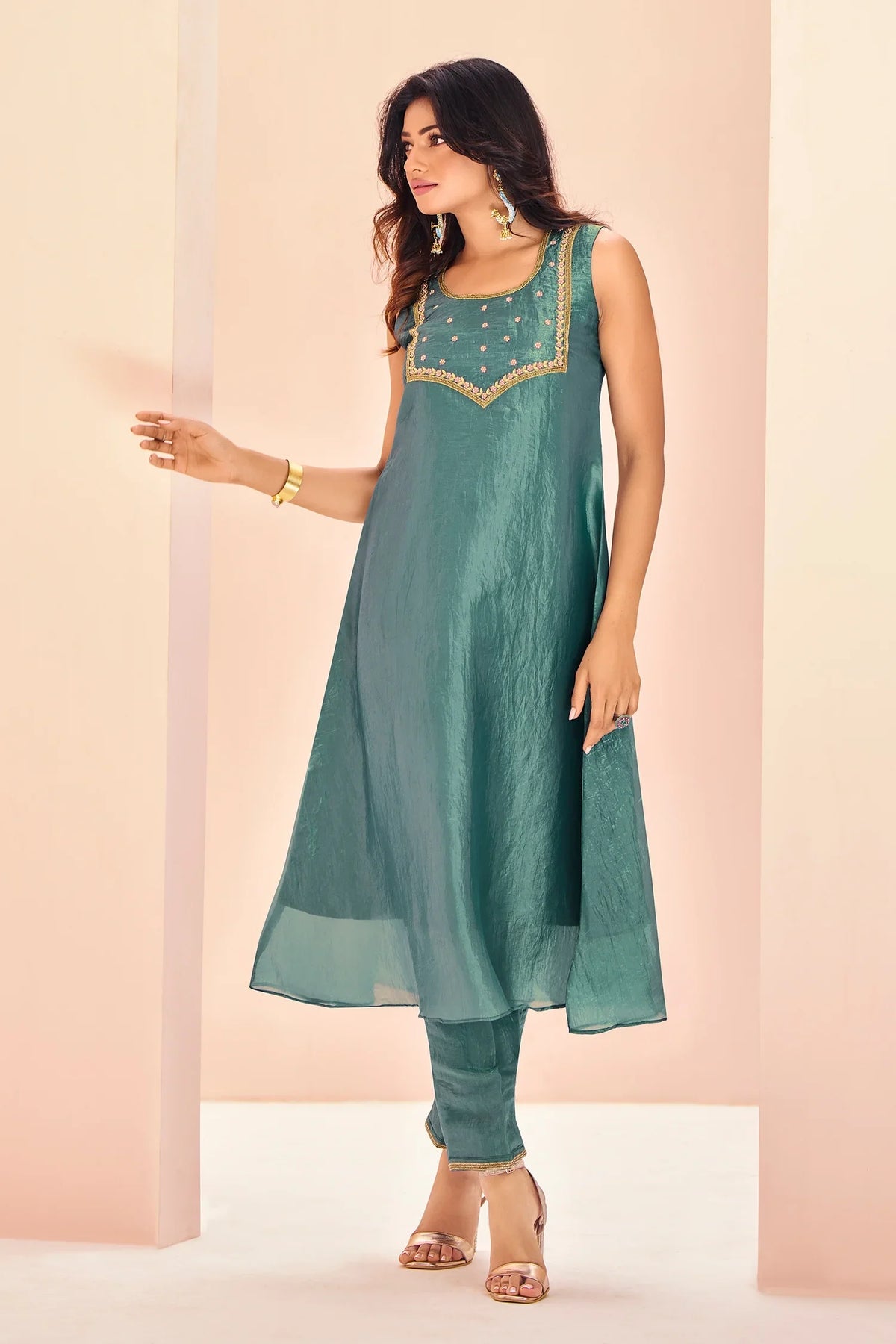 Aqua Blue Organza Kurti with Pant - blue organza saree