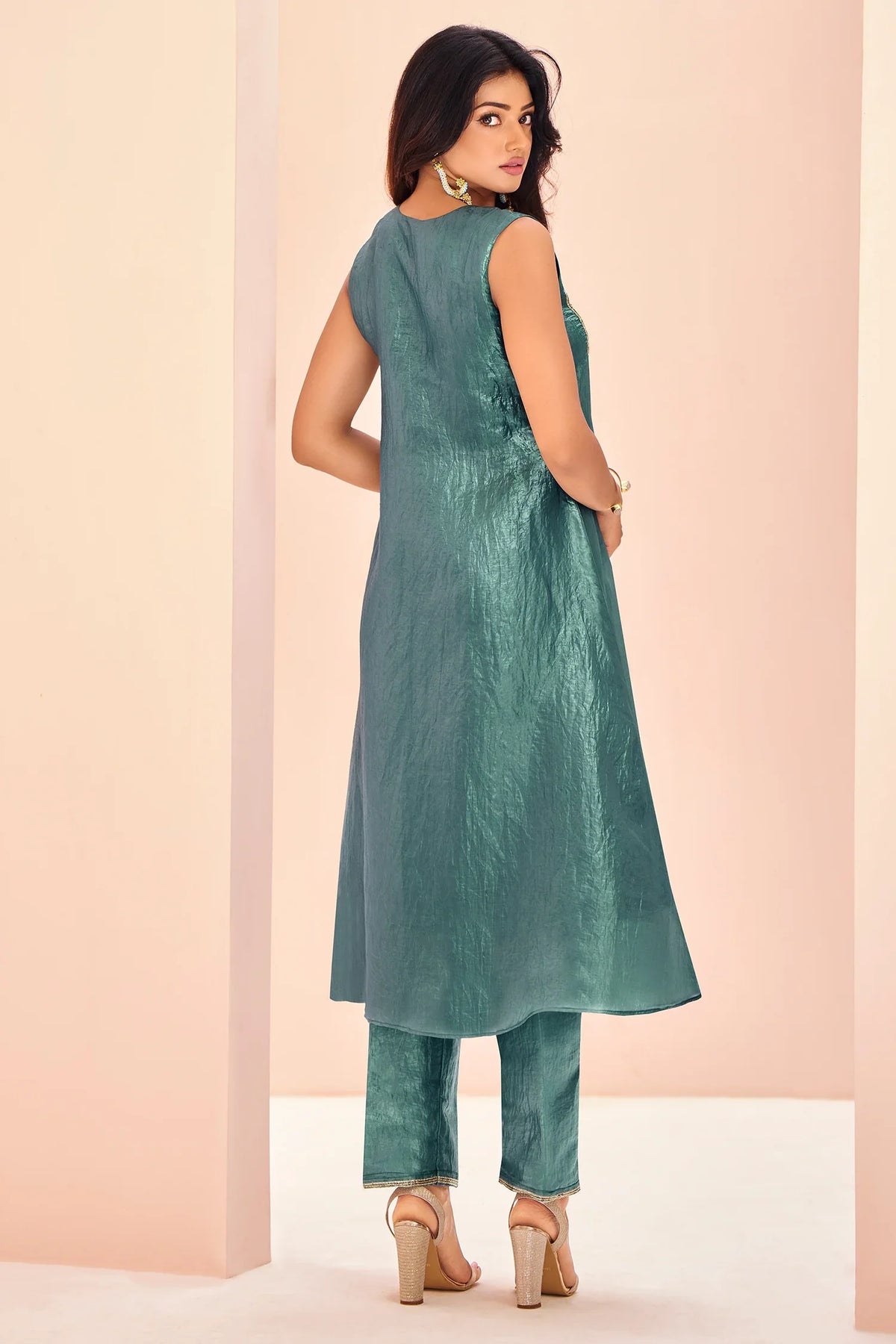 Aqua Blue Organza Kurti with Pant - blue organza saree