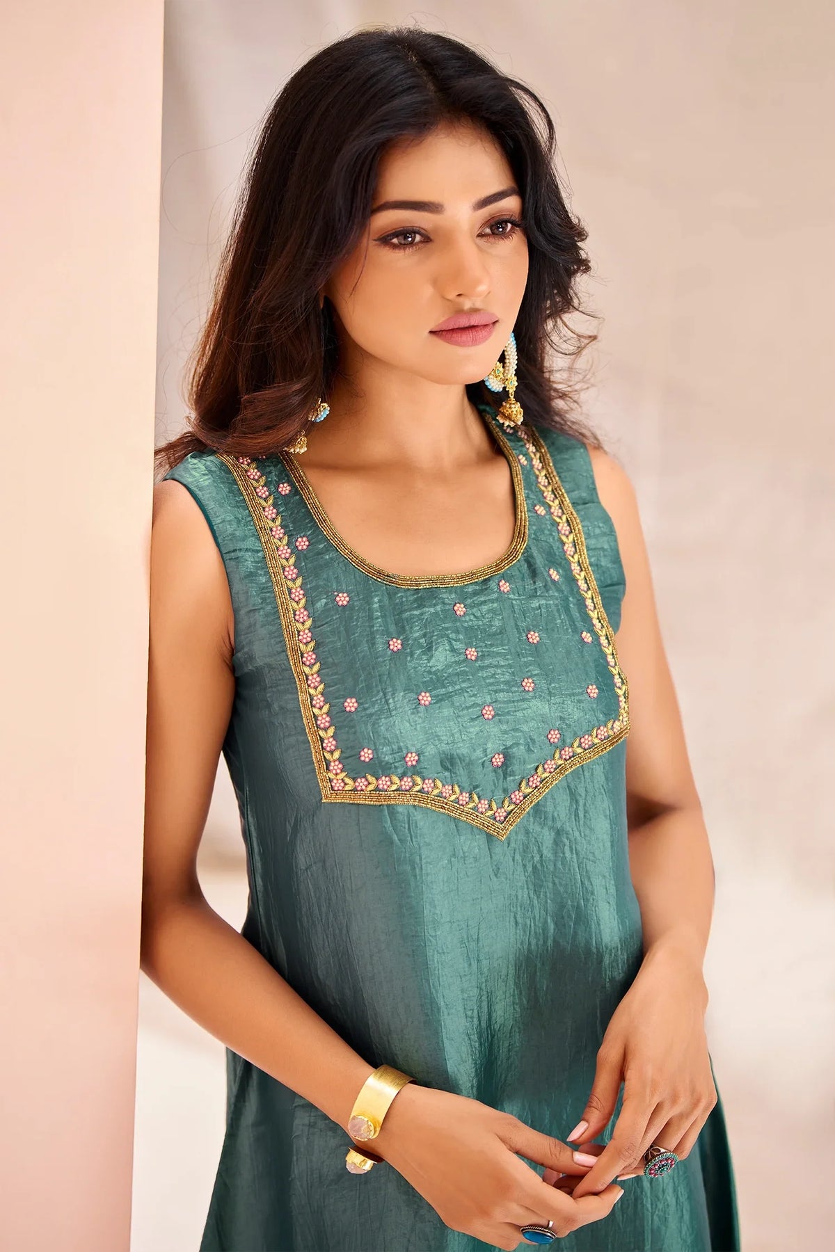 Aqua Blue Organza Kurti with Pant - blue organza saree