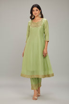 Light Green Organza Cutdana and Bead Worked Kurti with Pant - green organza saree