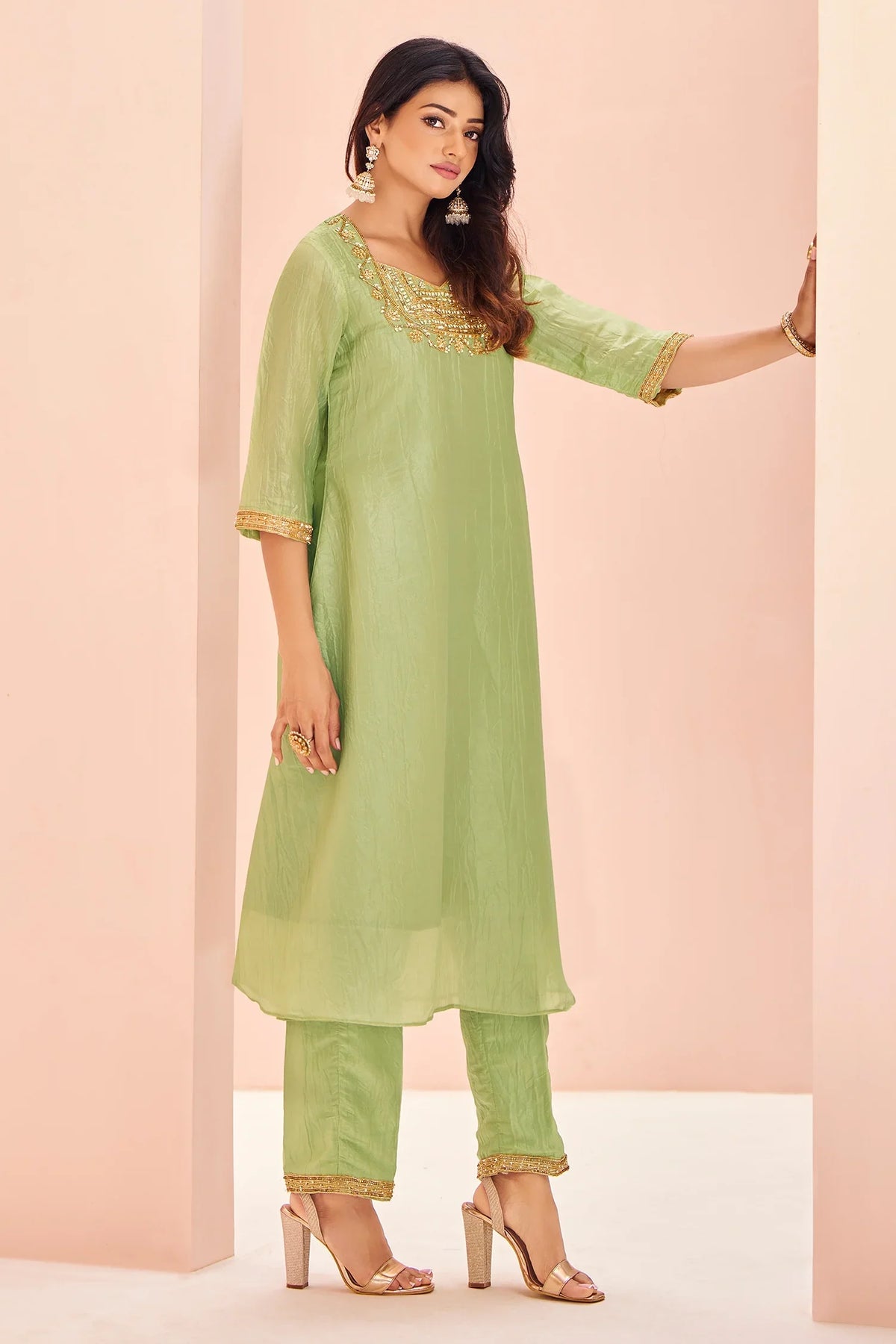 Light Green Organza Cutdana and Bead Worked Kurti with Pant - green organza saree