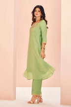 Light Green Organza Cutdana and Bead Worked Kurti with Pant - green organza saree