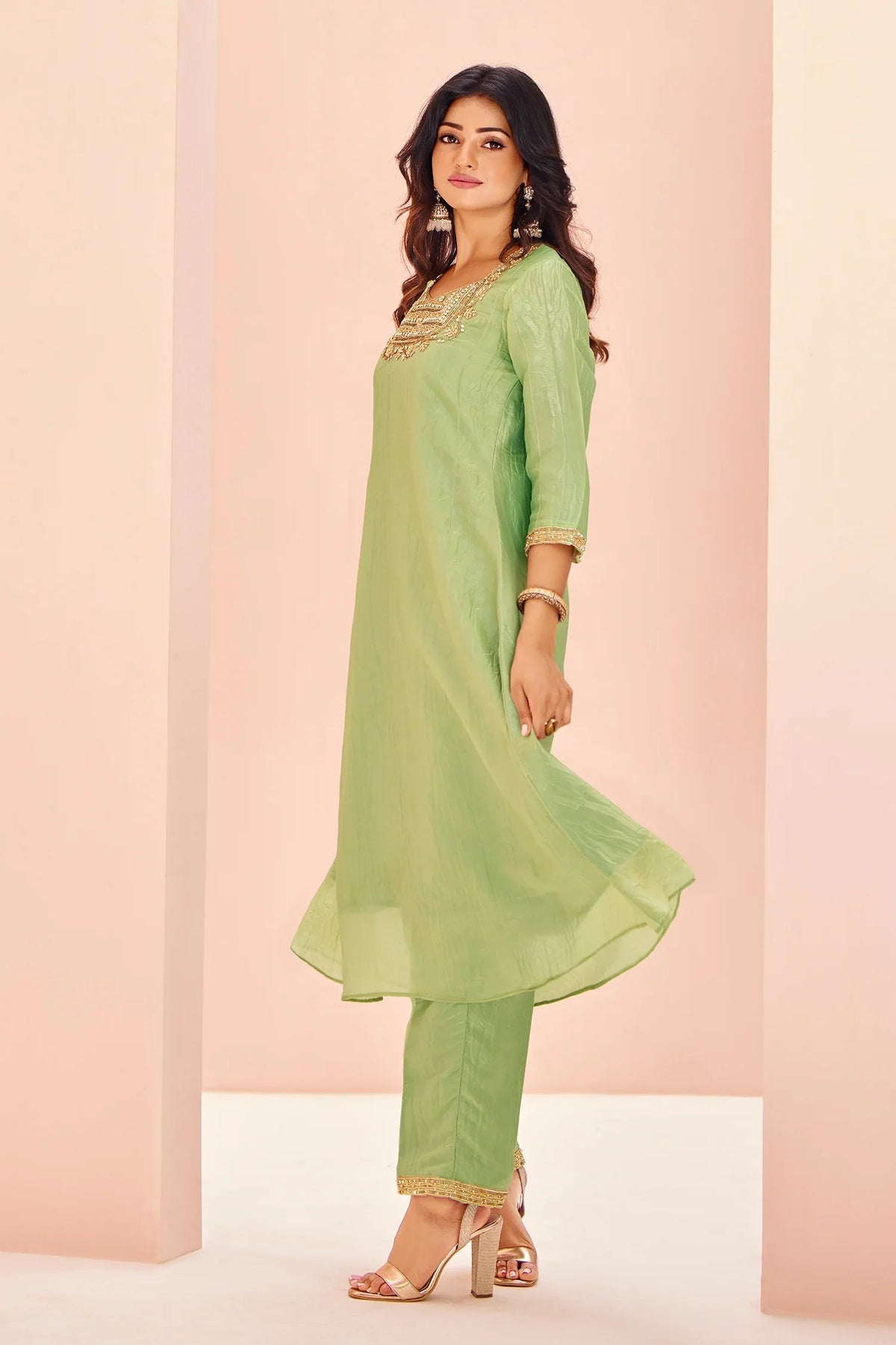 Light Green Organza Cutdana and Bead Worked Kurti with Pant - green organza saree