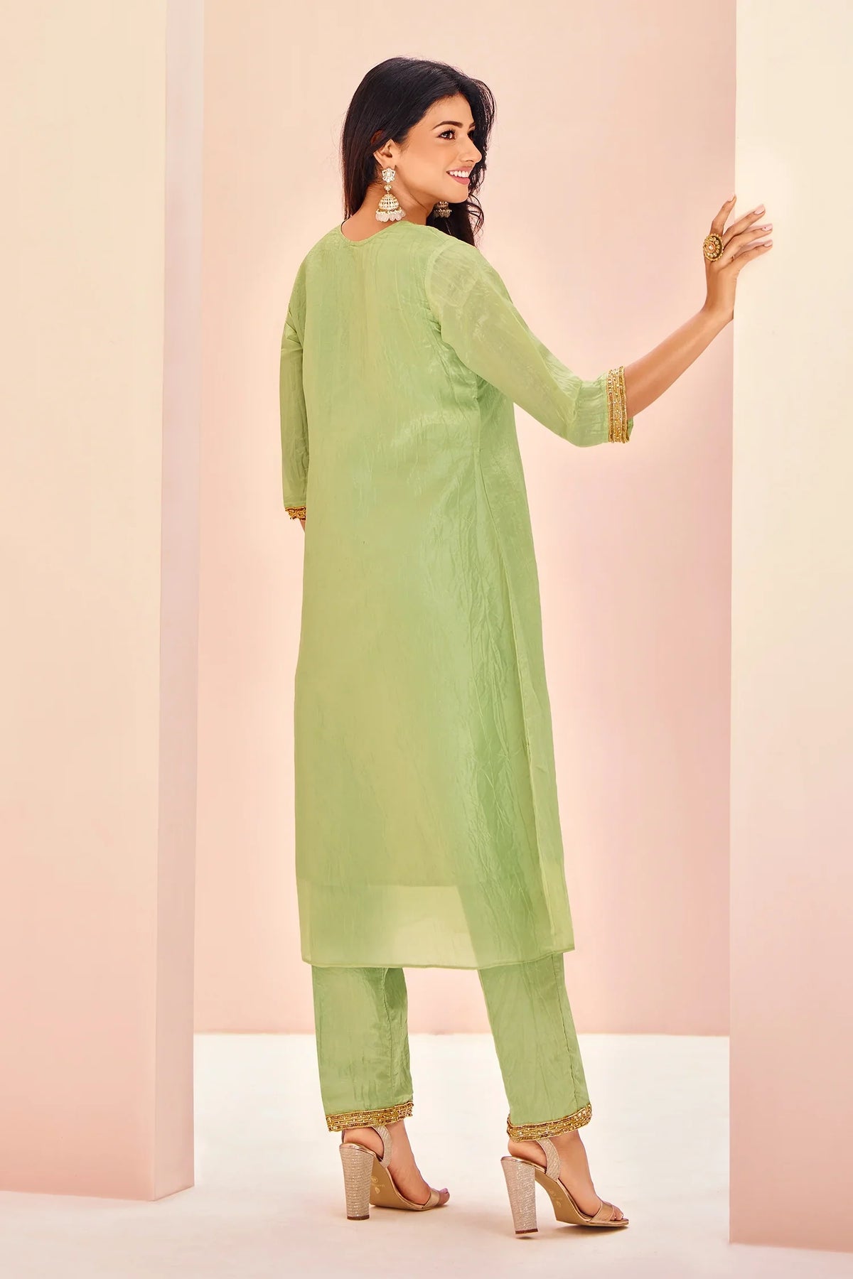 Light Green Organza Cutdana and Bead Worked Kurti with Pant - green organza saree