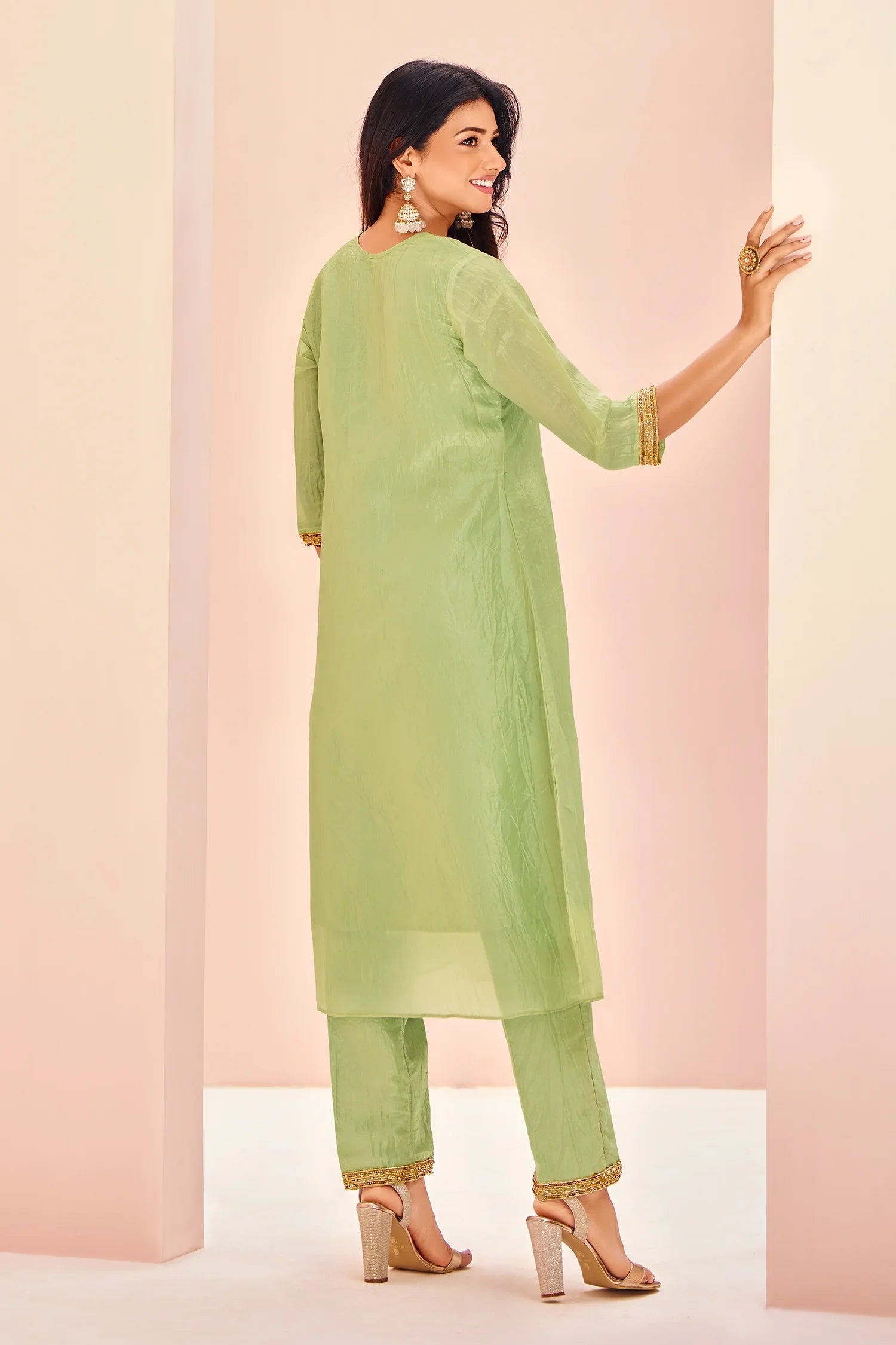 Light Green Organza Cutdana and Bead Worked Kurti with Pant - green organza saree