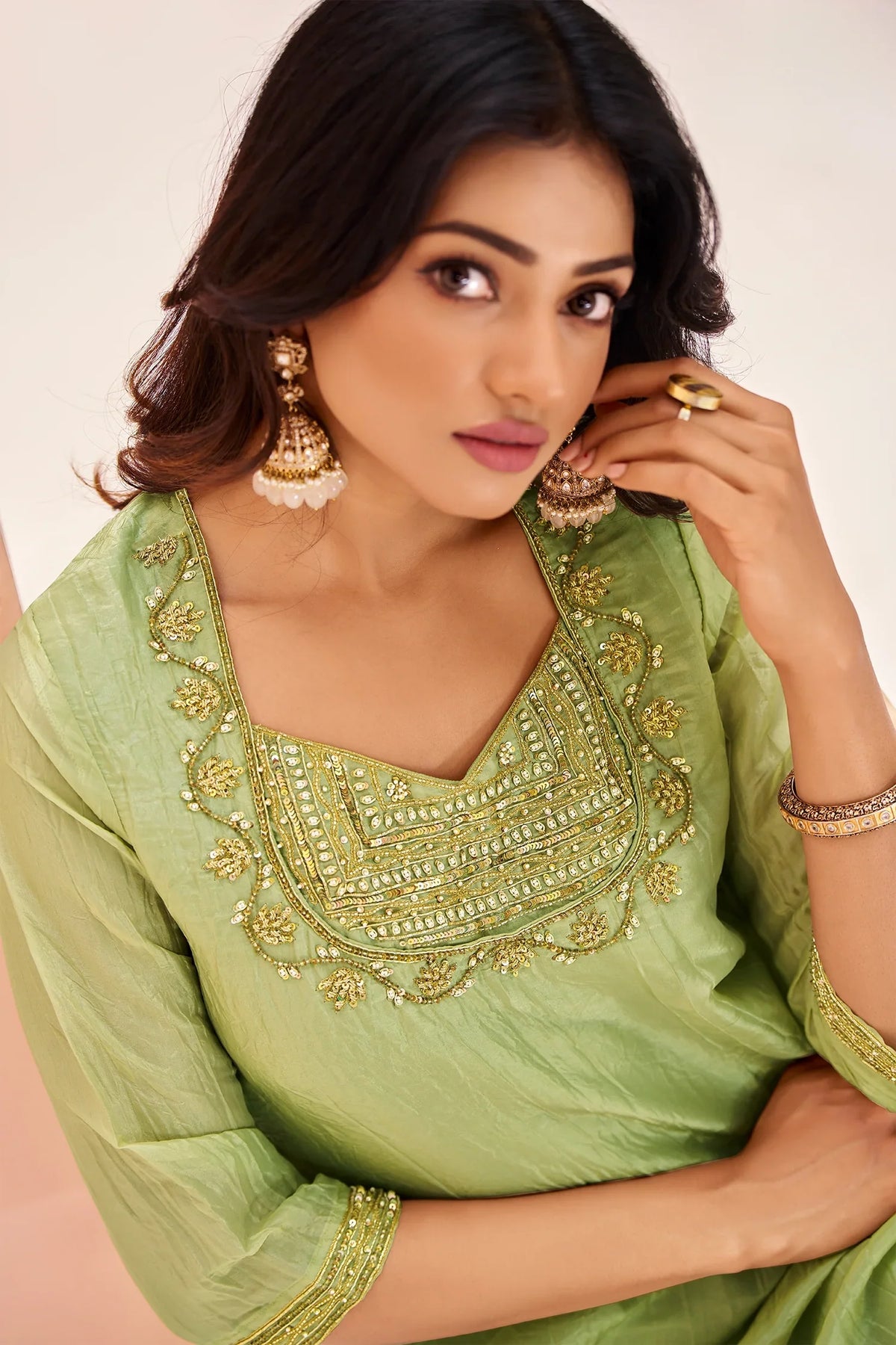 Light Green Organza Cutdana and Bead Worked Kurti with Pant - green organza saree