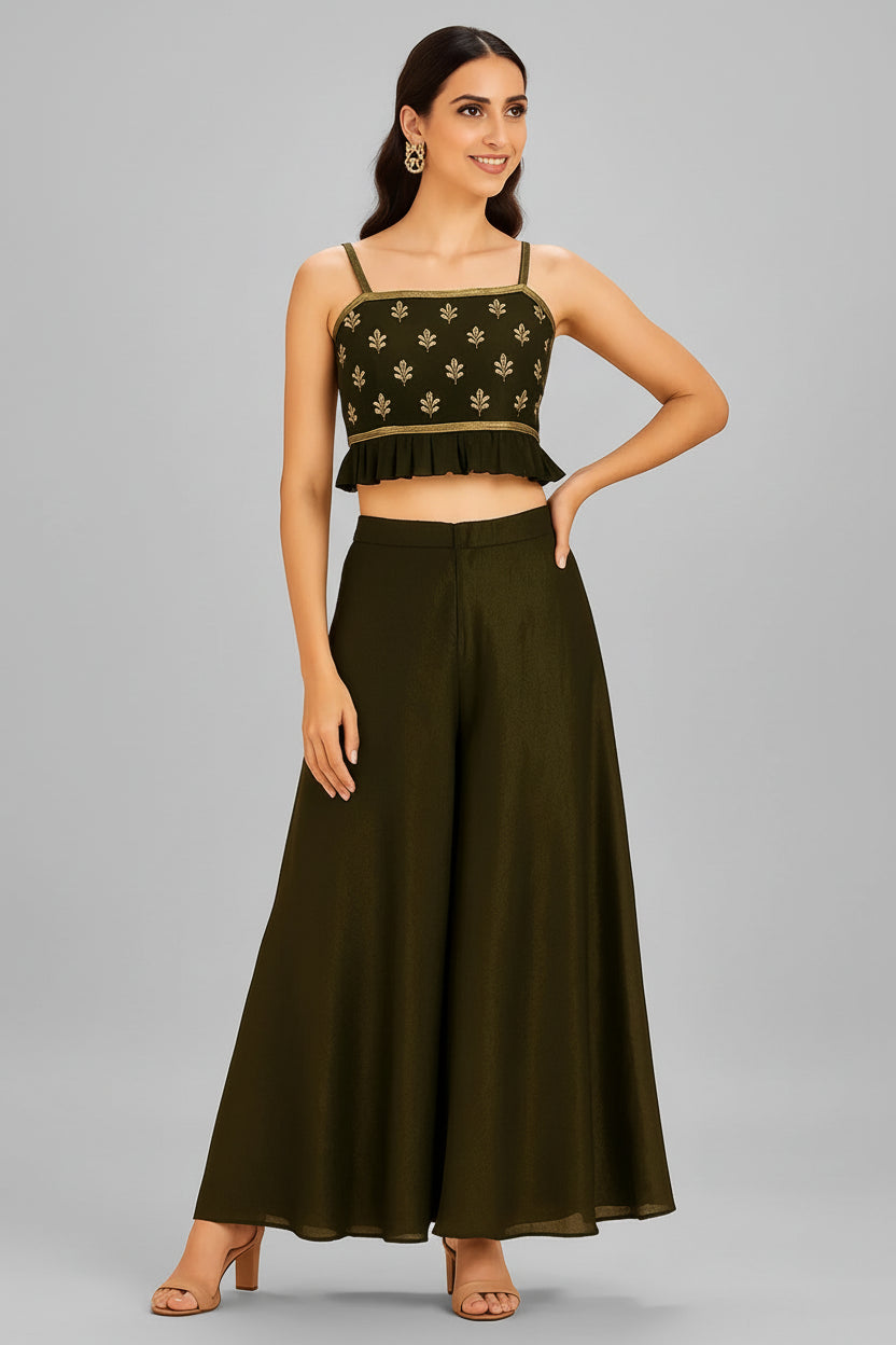 Black Art Silk Cutdana Work Crop Top Palazzo Set - black silk saree