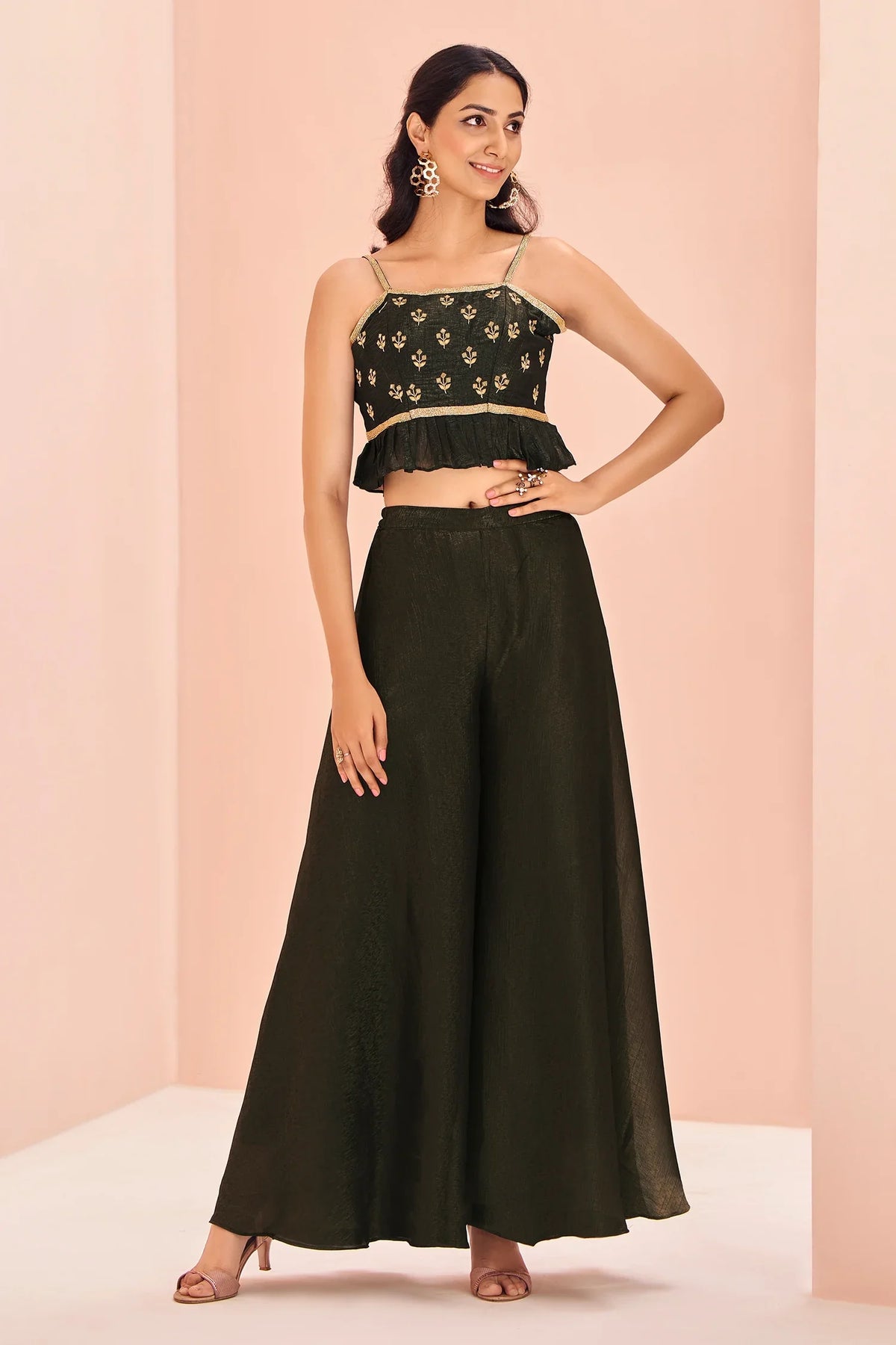 Black Art Silk Cutdana Work Crop Top Palazzo Set - black silk saree