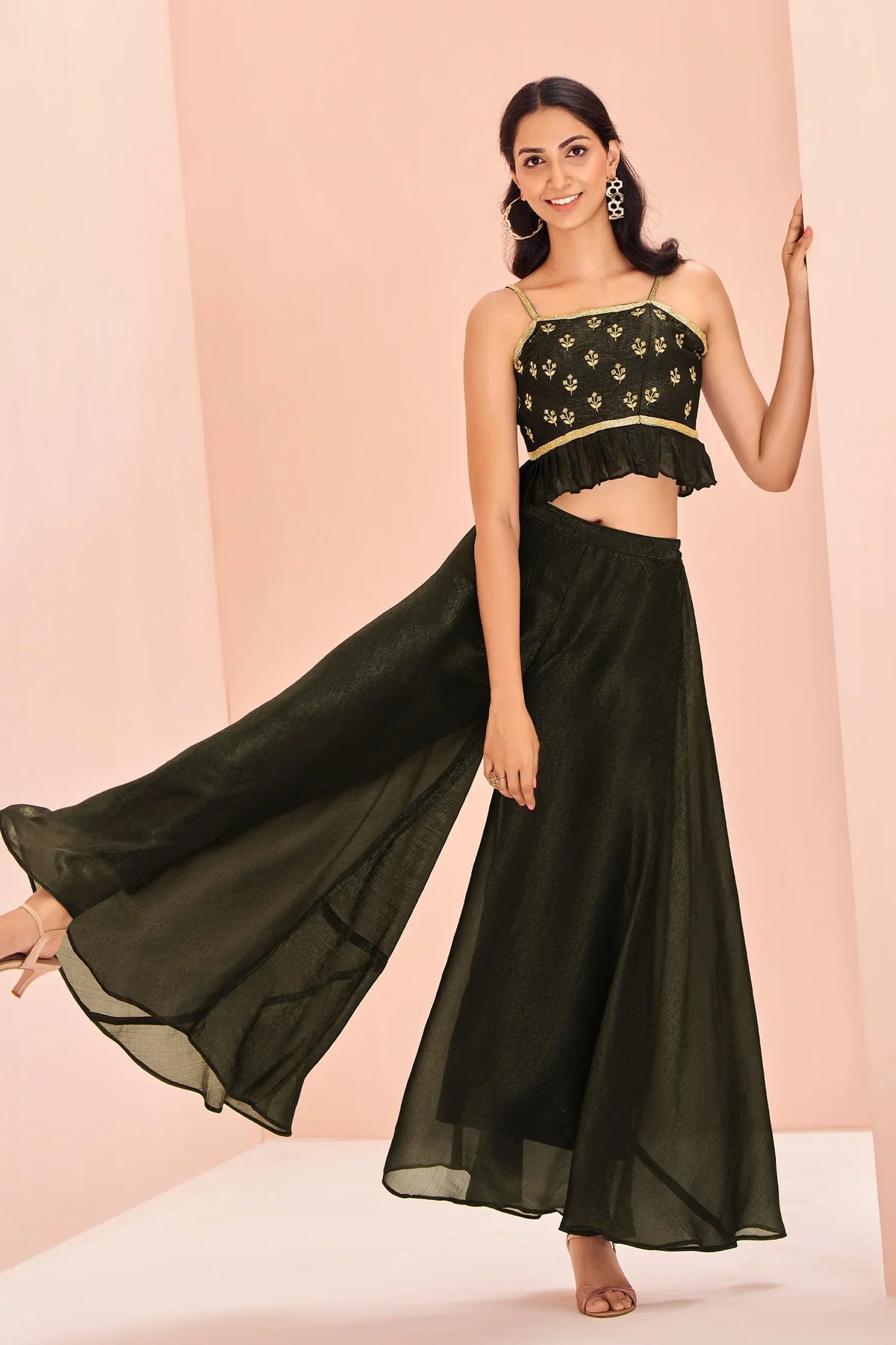 Black Art Silk Cutdana Work Crop Top Palazzo Set - black silk saree